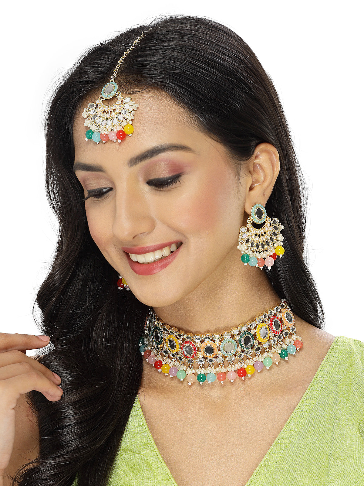 Sukkhi Expensive Tranditional Multicolor Choker Necklace Earring Jewellery Set with Maangtikka Jewellery Set for Women NS104841