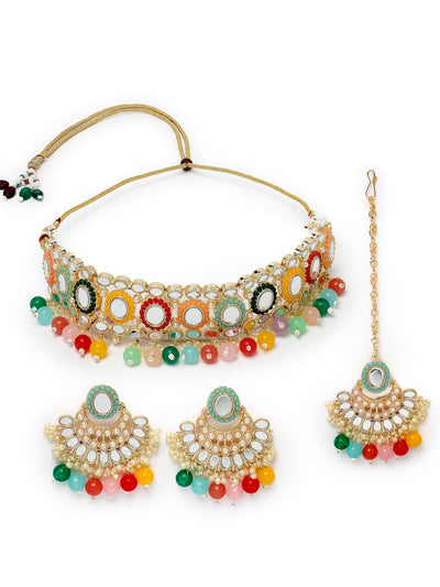 Sukkhi Expensive Tranditional Multicolor Choker Necklace Earring Jewellery Set with Maangtikka Jewellery Set for Women NS104841