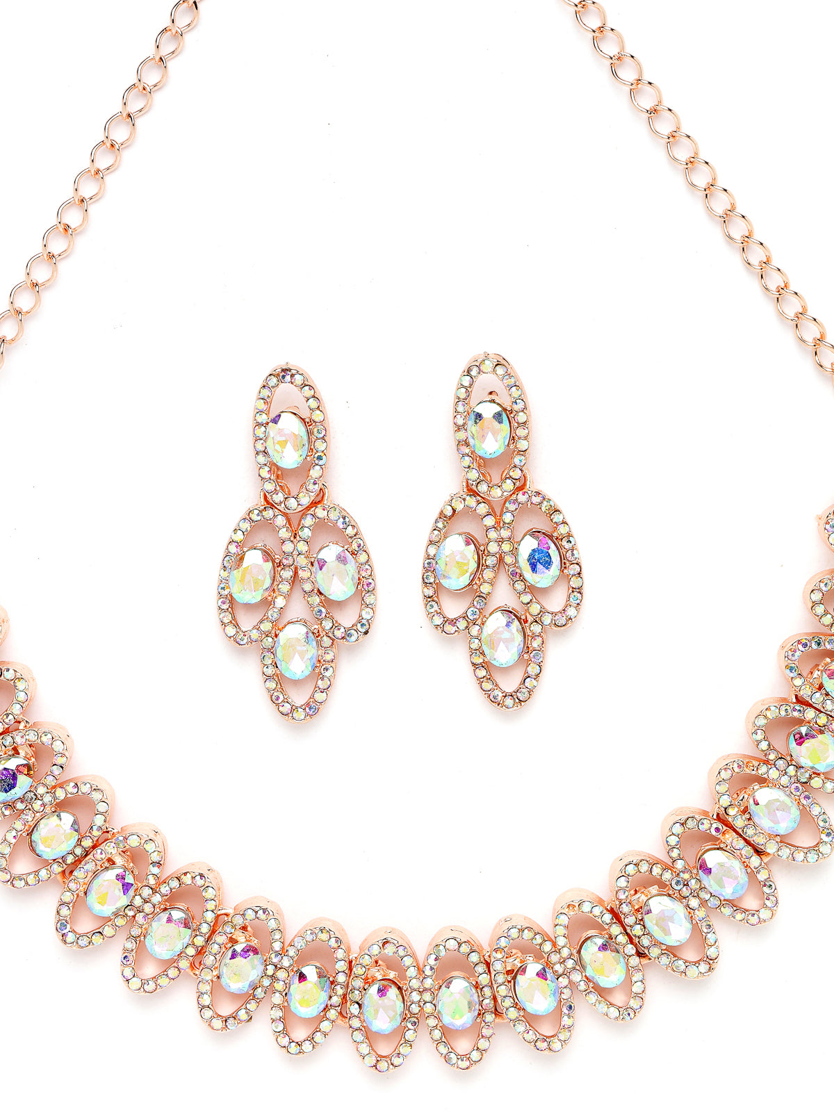 Sukkhi Lavish Rose Gold Plated Rainbow Stones Collar Bone Necklace Set With Earring And Maangtika | Jewellery Set For Women (NS104986)