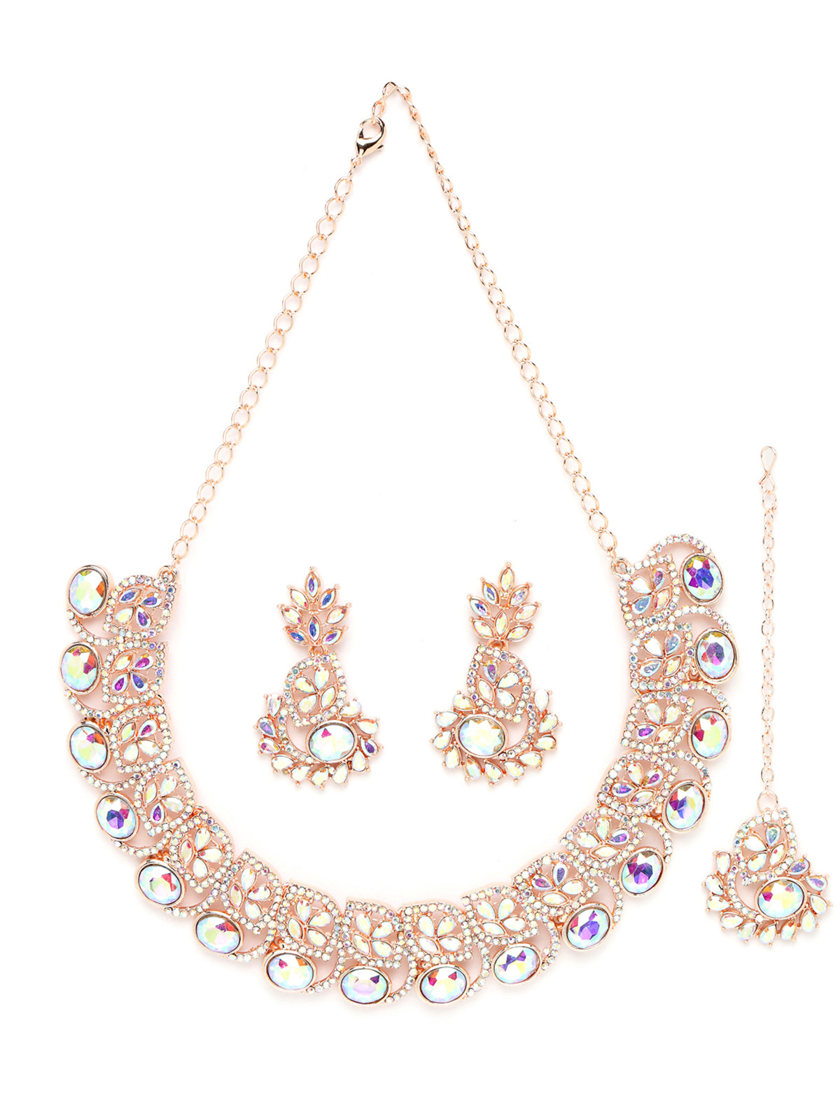 Sukkhi Flashy Rose Gold Plated Rainbow Stones Collar Bone Necklace Set With Earring And Maangtika | Jewellery Set For Women (NS104988)