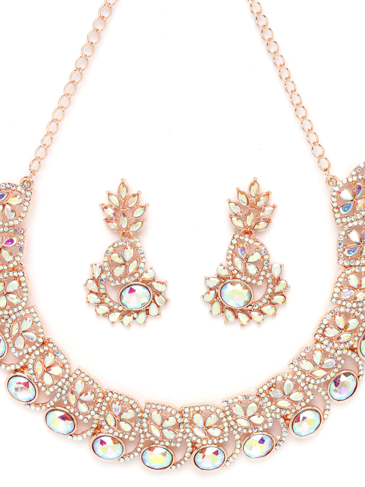 Sukkhi Flashy Rose Gold Plated Rainbow Stones Collar Bone Necklace Set With Earring And Maangtika | Jewellery Set For Women (NS104988)
