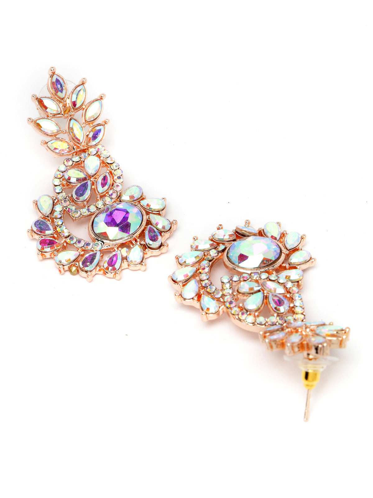 Sukkhi Flashy Rose Gold Plated Rainbow Stones Collar Bone Necklace Set With Earring And Maangtika | Jewellery Set For Women (NS104988)
