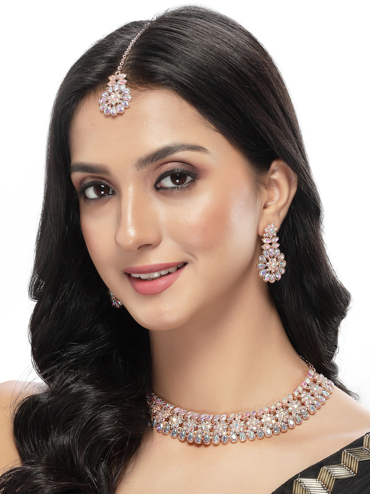 Sukkhi Bright Rose Gold Plated Rainbow Stones Collar Bone Necklace Set With Earring And Maangtika | Jewellery Set For Women (NS104989)