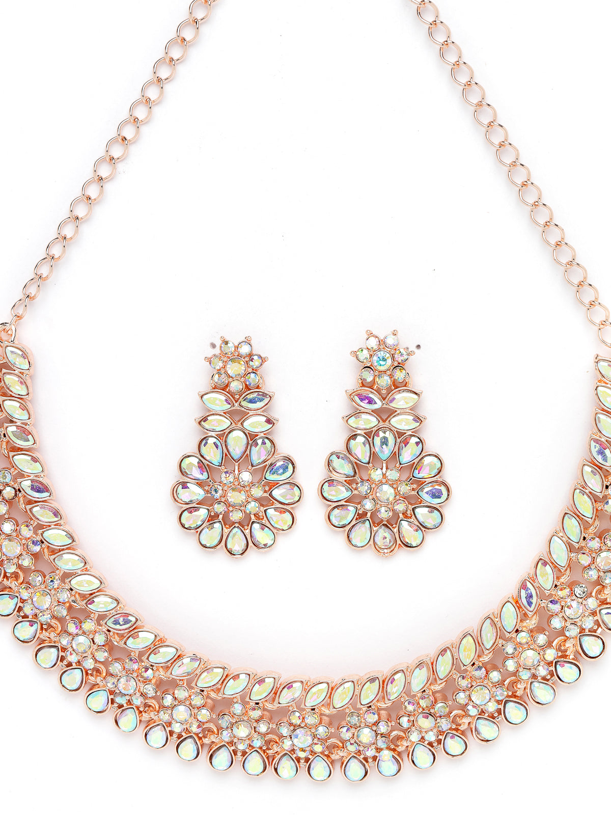 Sukkhi Bright Rose Gold Plated Rainbow Stones Collar Bone Necklace Set With Earring And Maangtika | Jewellery Set For Women (NS104989)