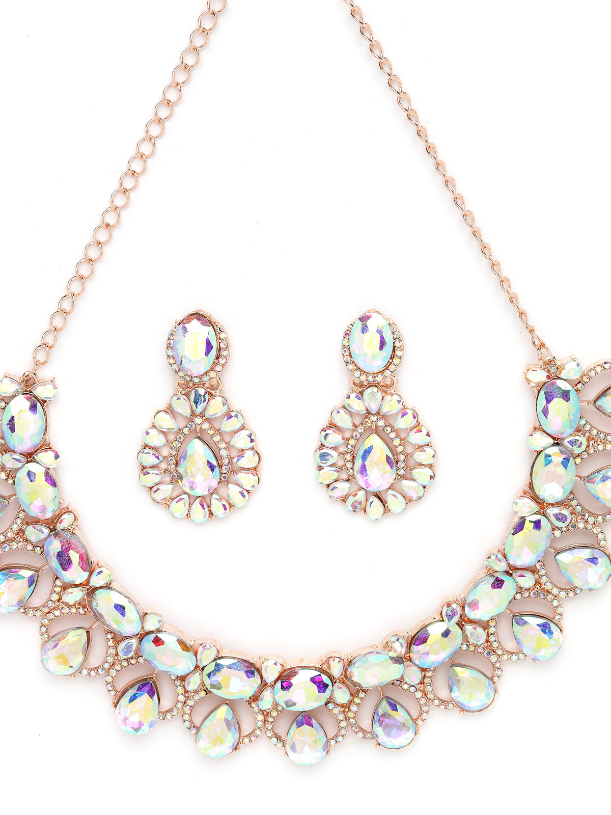 Sukkhi Comely Rose Gold Plated Rainbow Stones Collar Bone Necklace Set With Earring And Maangtika | Jewellery Set For Women (NS104992)