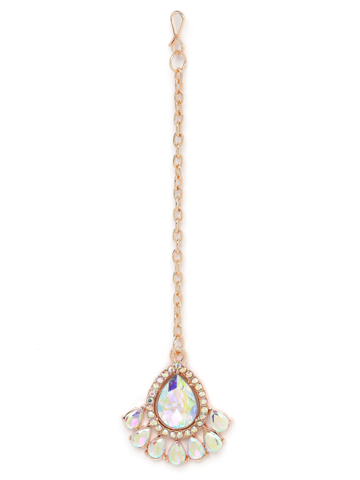 Sukkhi Comely Rose Gold Plated Rainbow Stones Collar Bone Necklace Set With Earring And Maangtika | Jewellery Set For Women (NS104992)