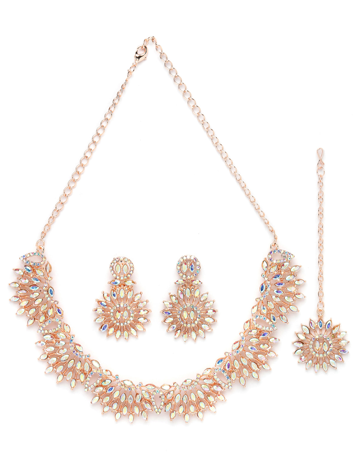 Sukkhi Beauteous Rose Gold Plated Rainbow Stones Collar Bone Necklace Set With Earring And Maangtika | Jewellery Set For Women (NS104993)