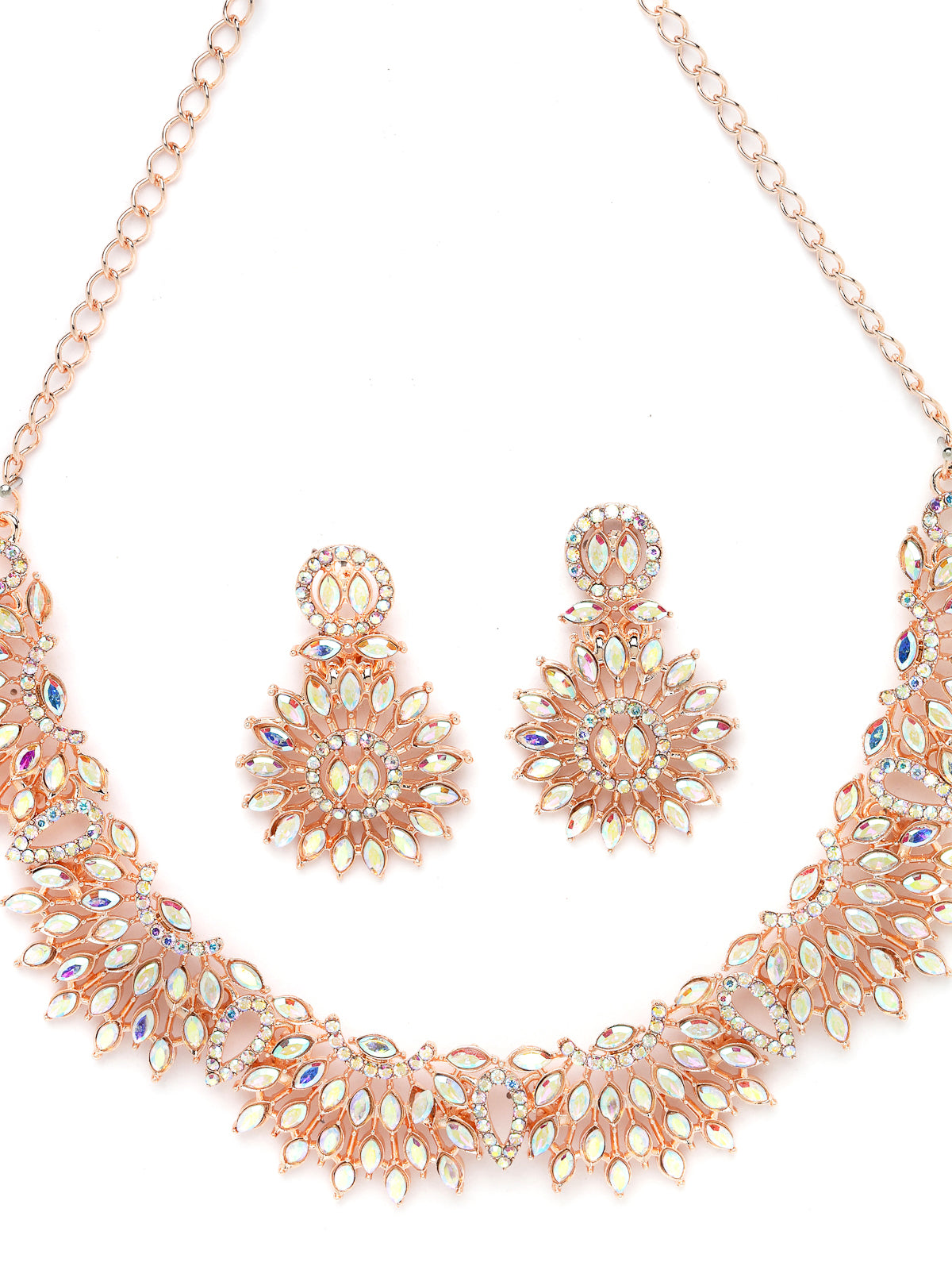 Sukkhi Beauteous Rose Gold Plated Rainbow Stones Collar Bone Necklace Set With Earring And Maangtika | Jewellery Set For Women (NS104993)
