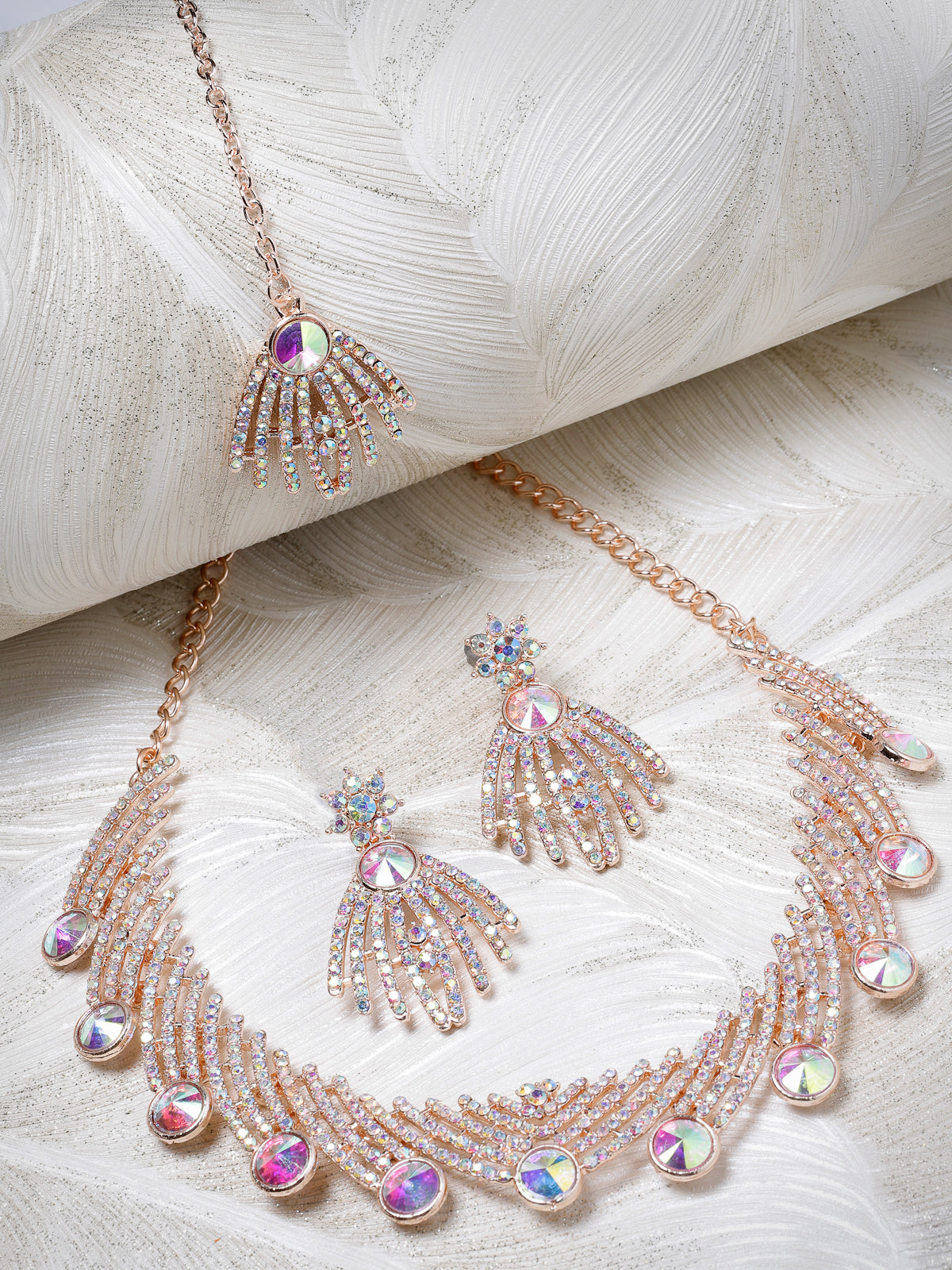 Sukkhi Spunky Rose Gold Plated Rainbow Stones Collar Bone Necklace Set With Earring And Maangtika | Jewellery Set For Women (NS104994)