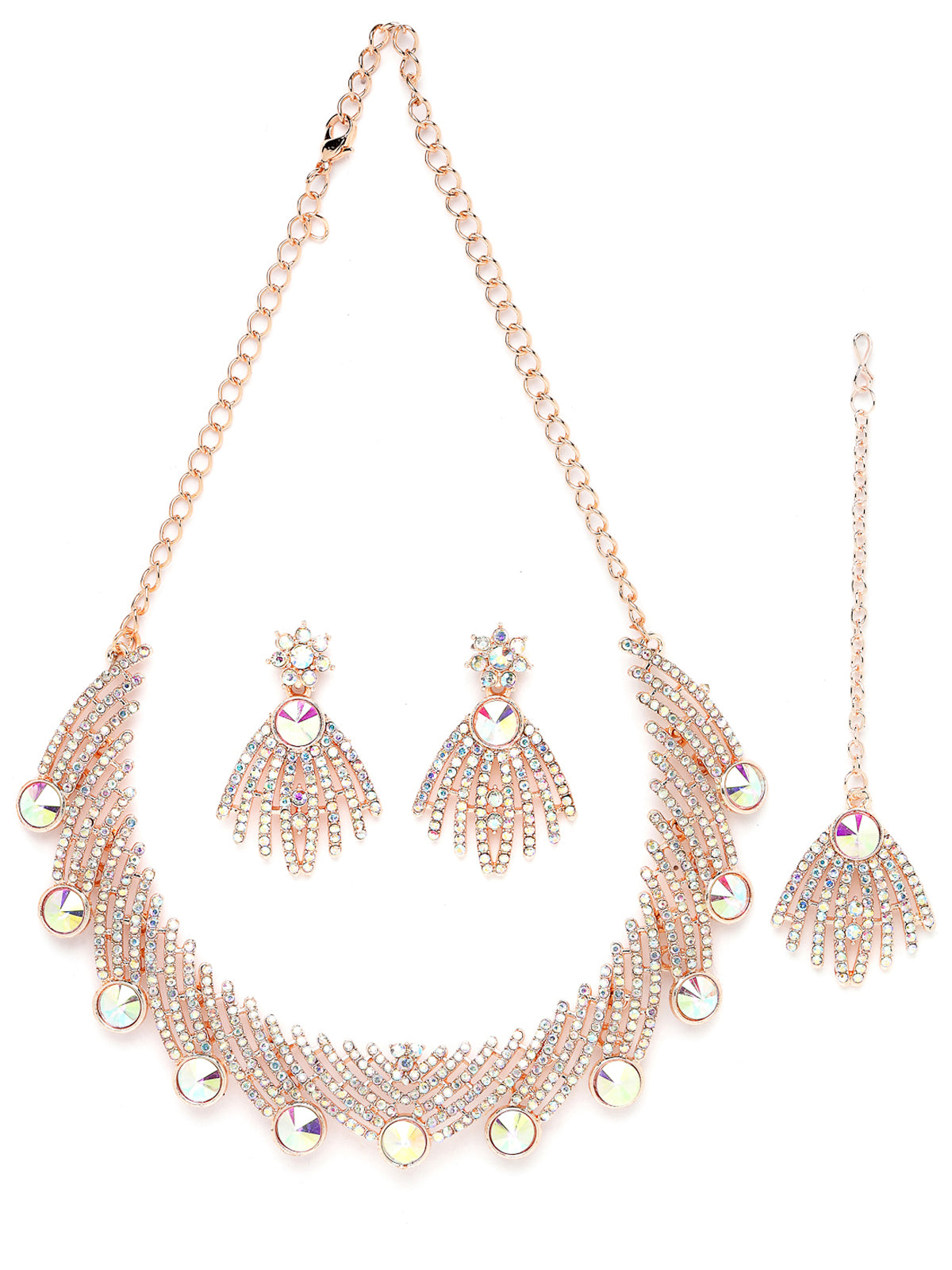Sukkhi Spunky Rose Gold Plated Rainbow Stones Collar Bone Necklace Set With Earring And Maangtika | Jewellery Set For Women (NS104994)