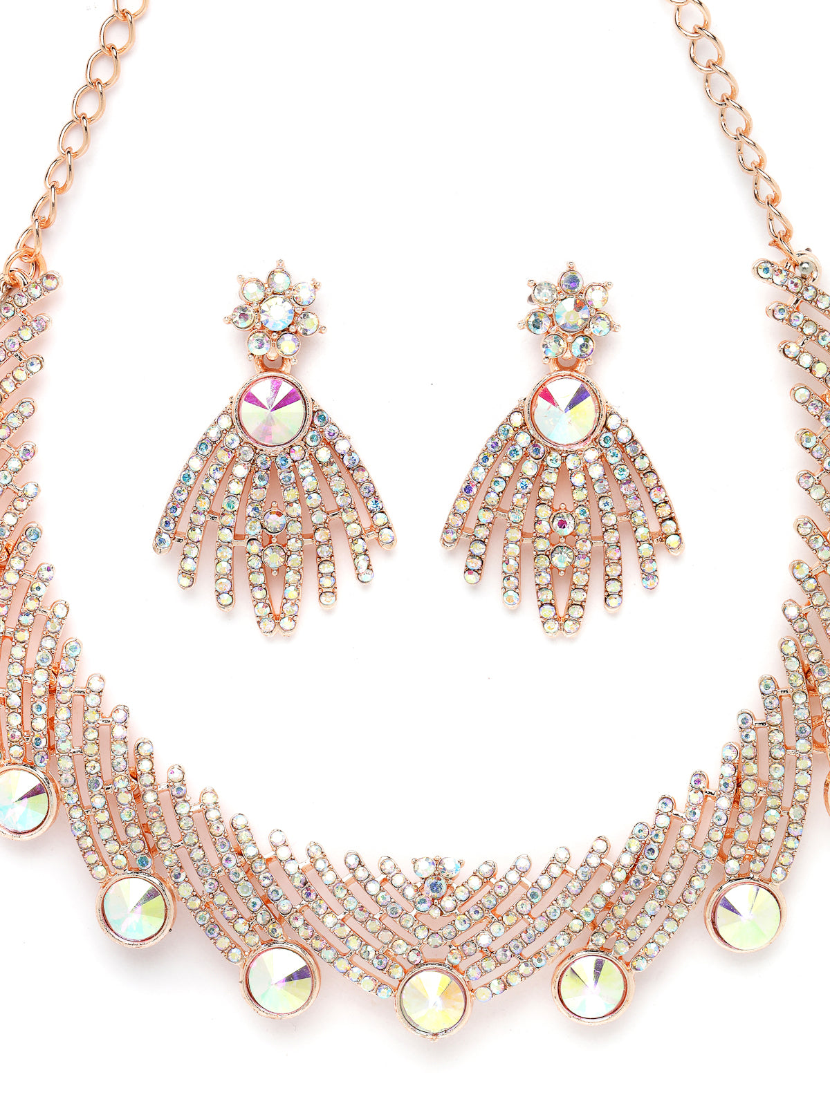 Sukkhi Spunky Rose Gold Plated Rainbow Stones Collar Bone Necklace Set With Earring And Maangtika | Jewellery Set For Women (NS104994)