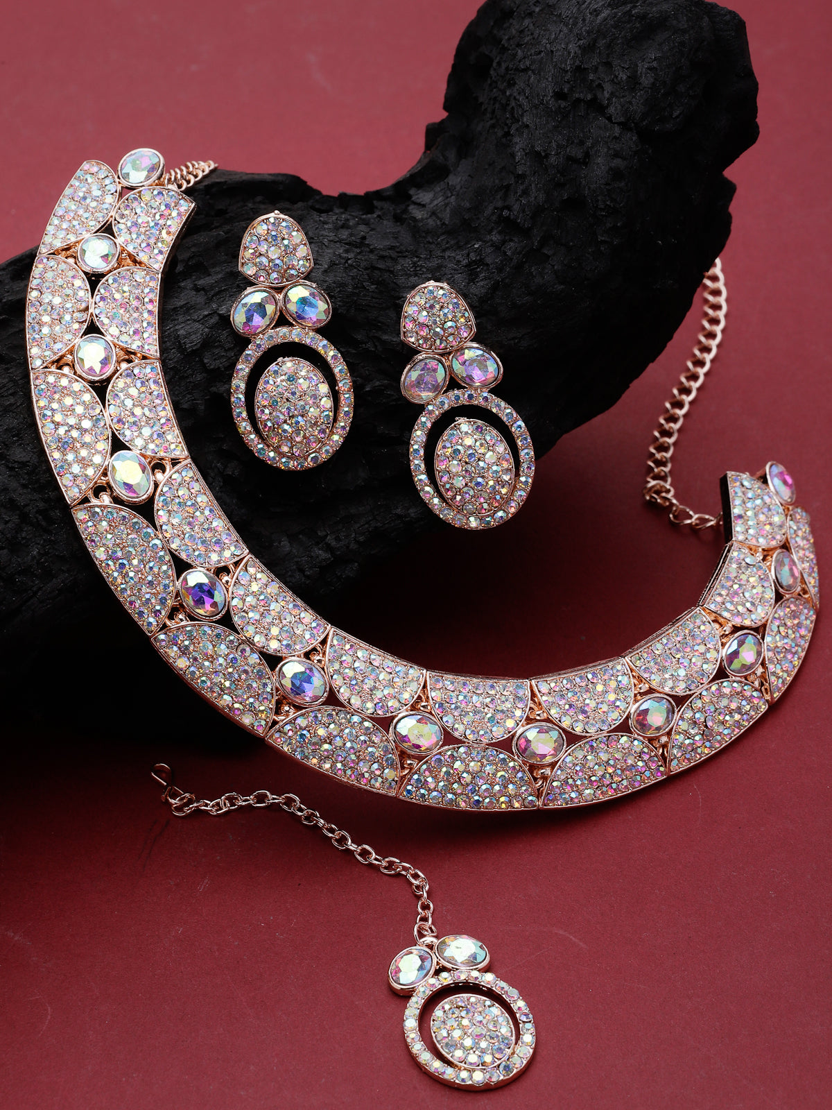 Sukkhi Beaut Rose Gold Plated Rainbow Stones Collar Bone Necklace Set With Earring And Maangtika | Jewellery Set For Women (NS104995)