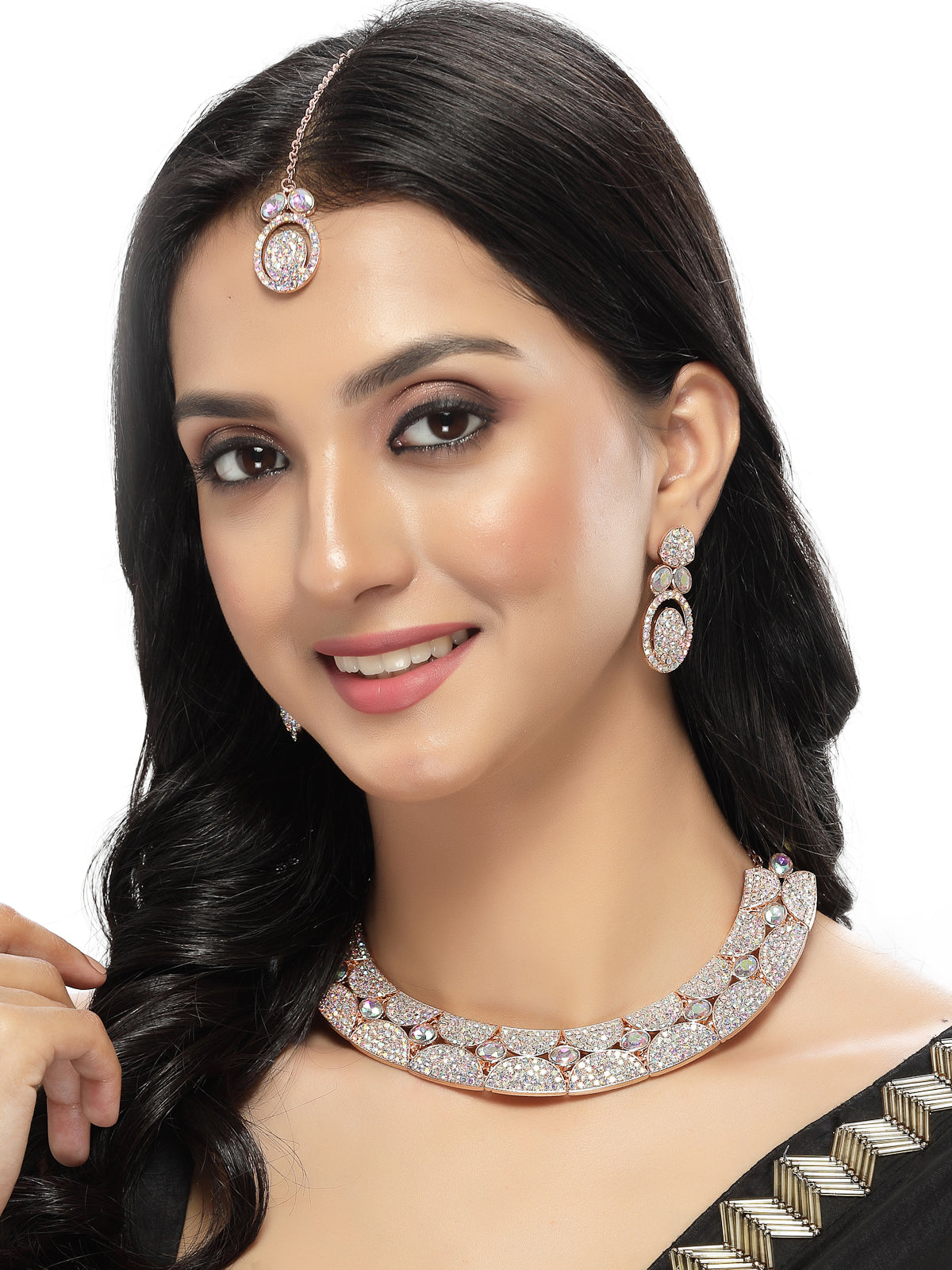 Sukkhi Beaut Rose Gold Plated Rainbow Stones Collar Bone Necklace Set With Earring And Maangtika | Jewellery Set For Women (NS104995)