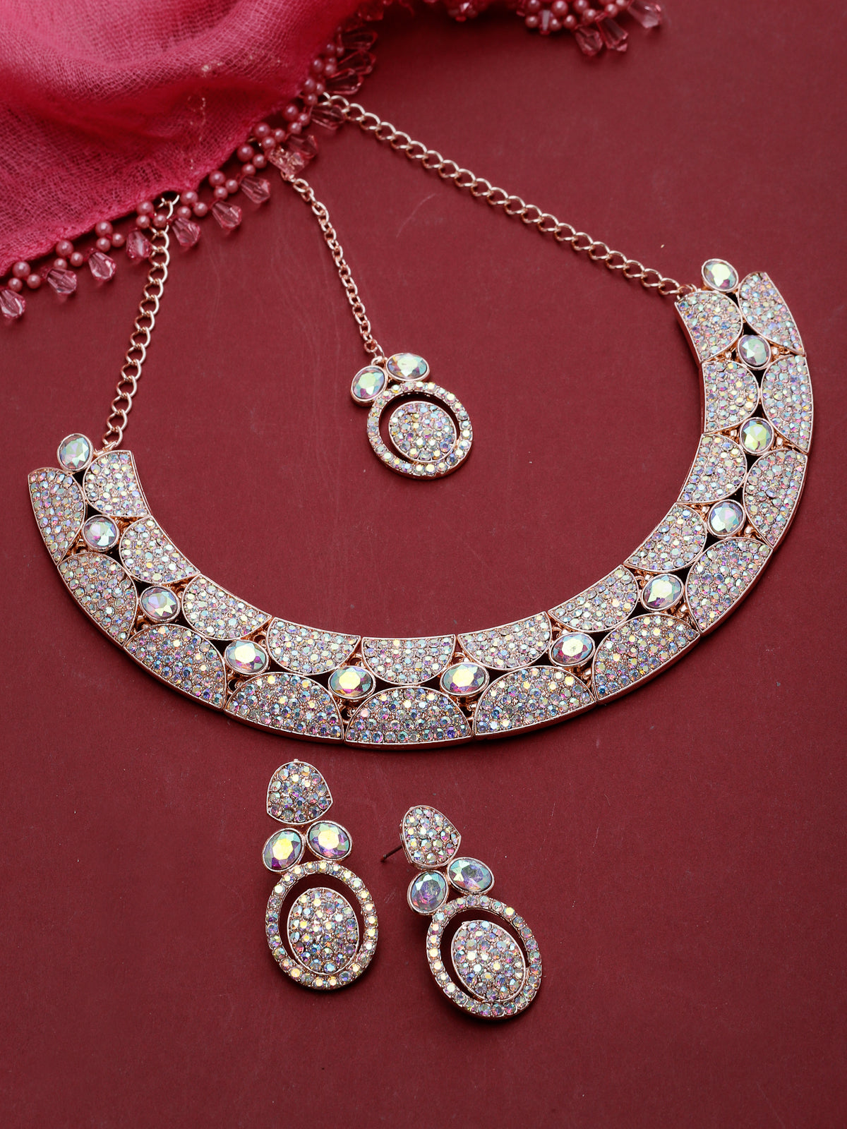 Sukkhi Beaut Rose Gold Plated Rainbow Stones Collar Bone Necklace Set With Earring And Maangtika | Jewellery Set For Women (NS104995)