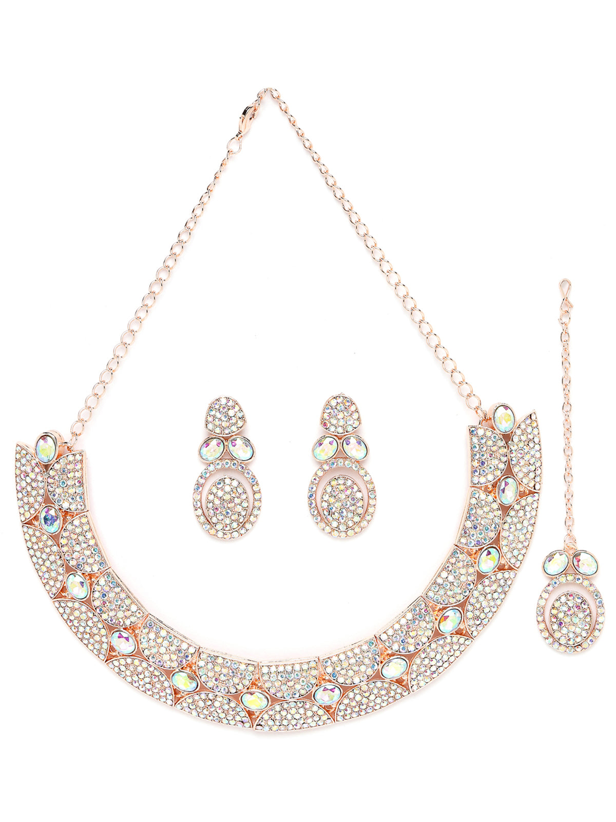 Sukkhi Beaut Rose Gold Plated Rainbow Stones Collar Bone Necklace Set With Earring And Maangtika | Jewellery Set For Women (NS104995)