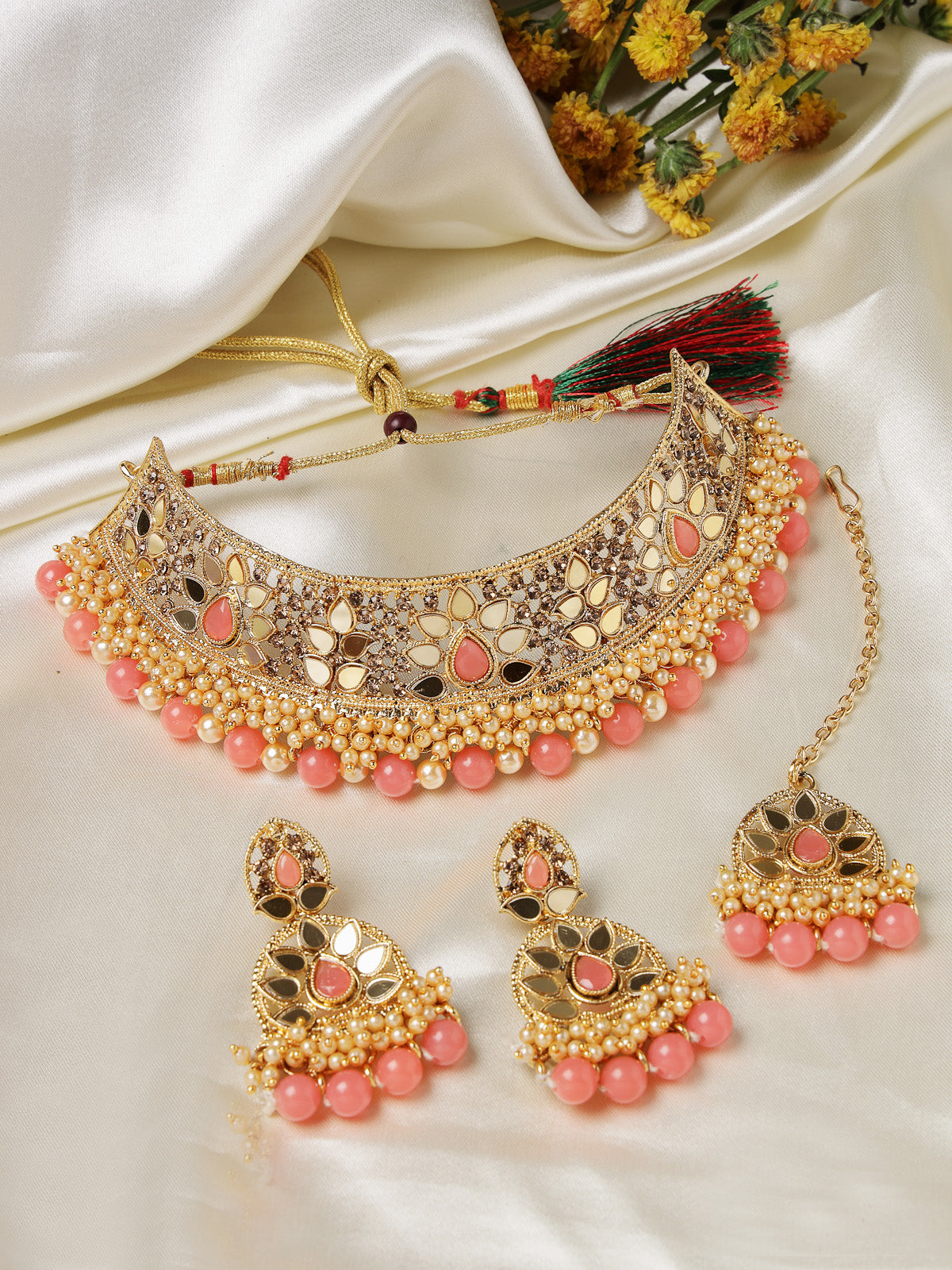 Sukkhi Traditional Gold Plated Pink Kundan & Beads Floral Choker Necklace Set With Earring And Maangtika | Jewellery Set For Women (NS105480)
