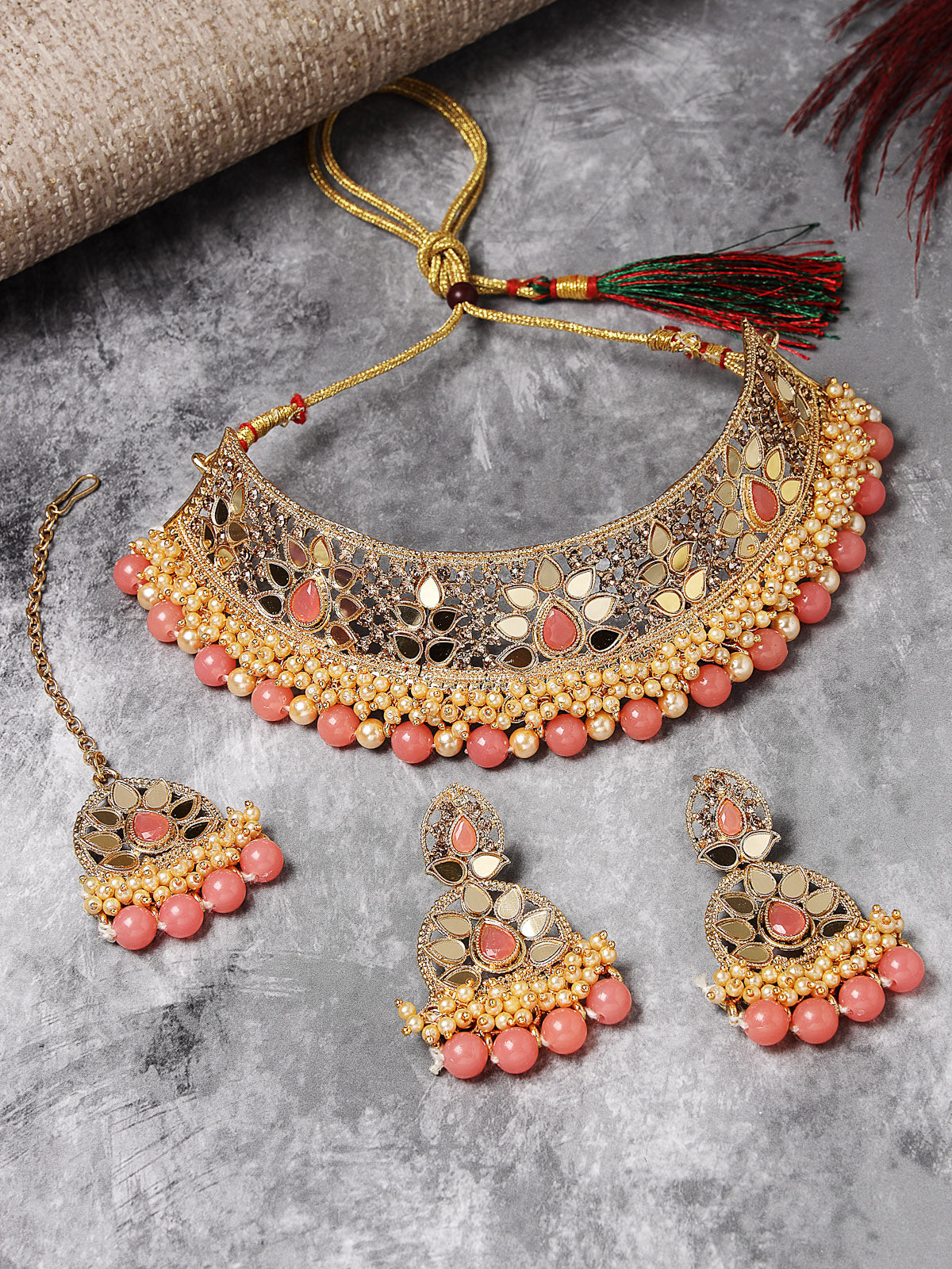 Sukkhi Traditional Gold Plated Pink Kundan & Beads Floral Choker Necklace Set With Earring And Maangtika | Jewellery Set For Women (NS105480)