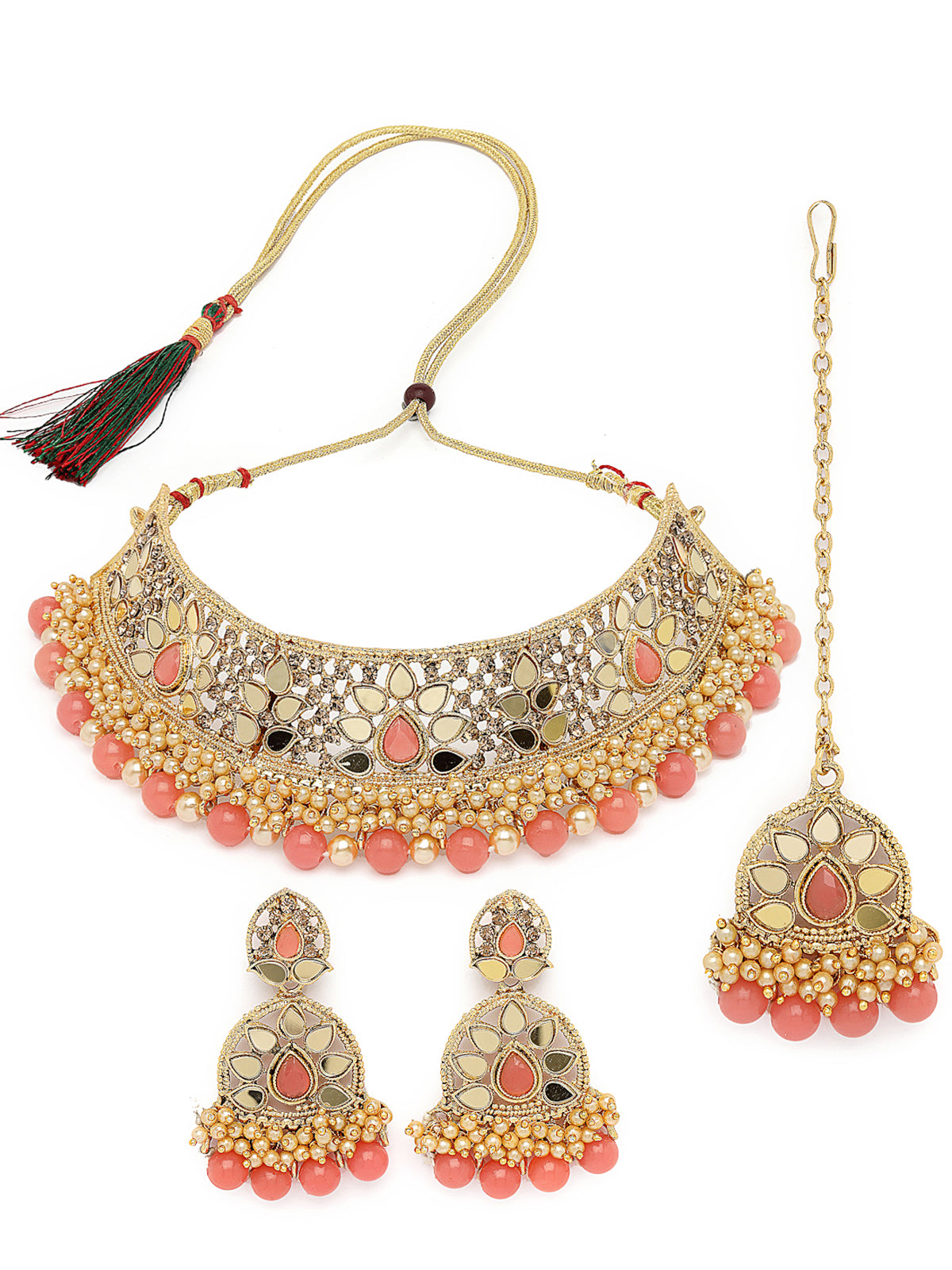 Sukkhi Traditional Gold Plated Pink Kundan & Beads Floral Choker Necklace Set With Earring And Maangtika | Jewellery Set For Women (NS105480)