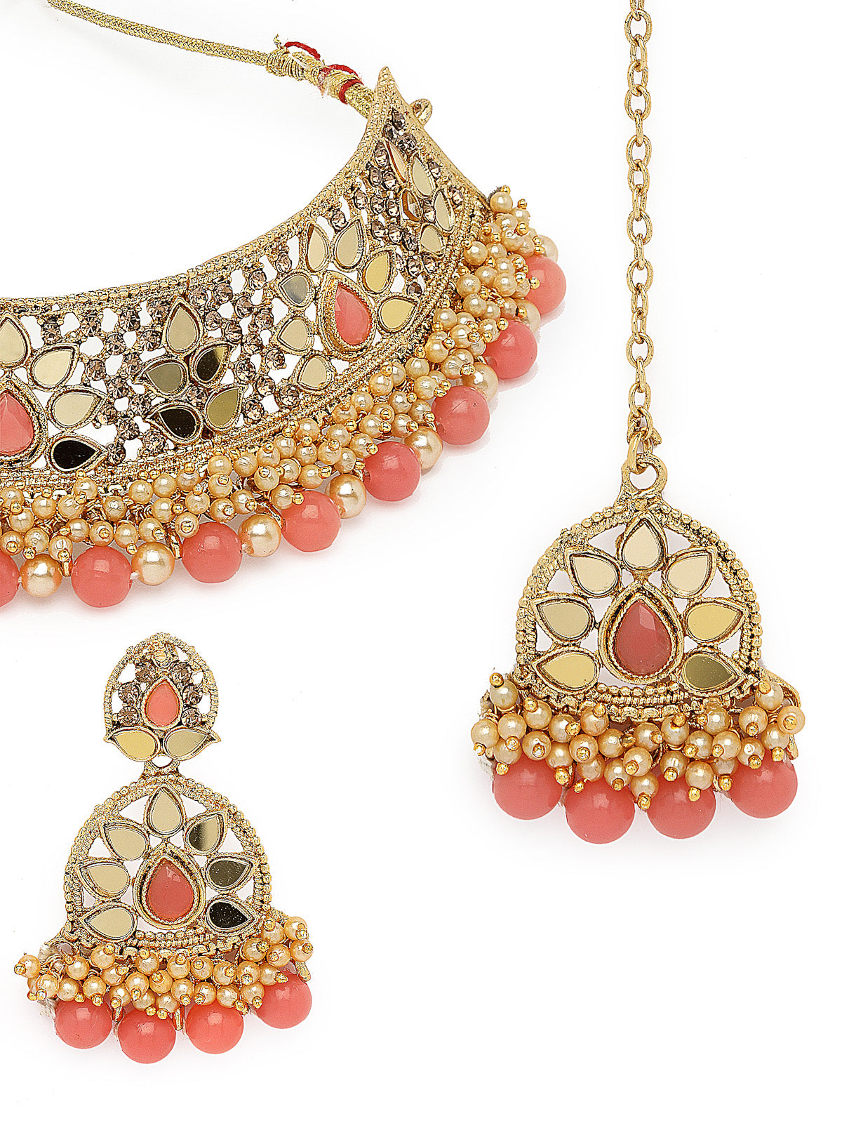 Sukkhi Traditional Gold Plated Pink Kundan & Beads Floral Choker Necklace Set With Earring And Maangtika | Jewellery Set For Women (NS105480)