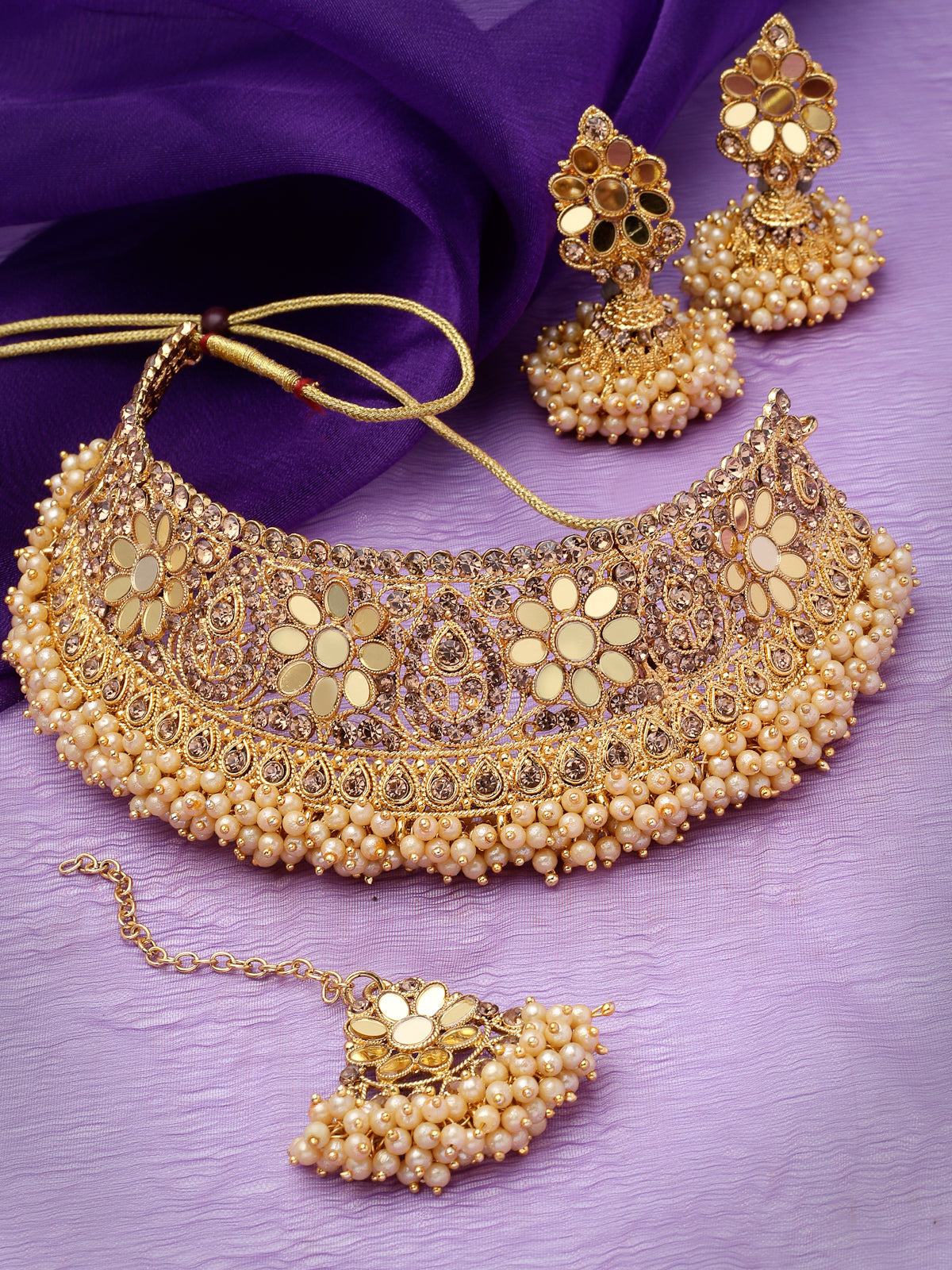 Sukkhi Timelessely Beautiful Gold Plated Gold Kundan & Beads Floral Choker Necklace Set With Earring And Maangtika | Jewellery Set For Women (NS105481)