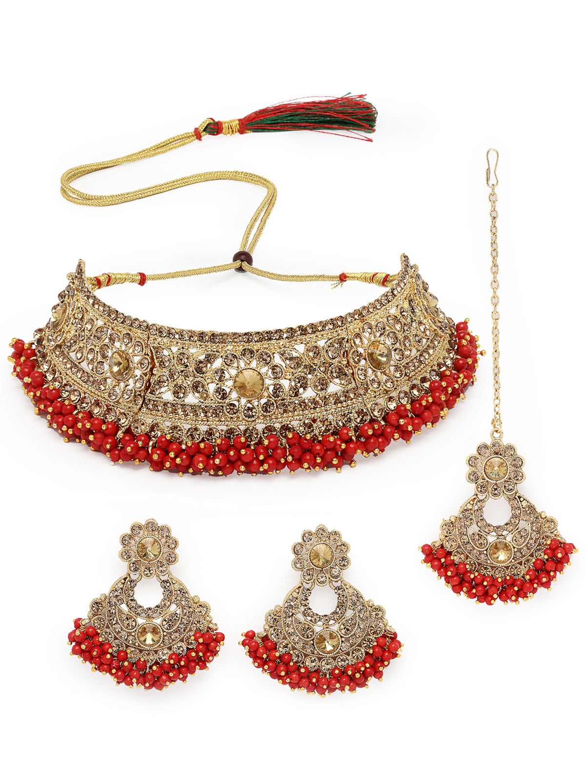 Sukkhi Fashion Gold Plated Red Kundan & Beads Floral Choker Necklace Set With Earring And Maangtika | Jewellery Set For Women (NS105482)