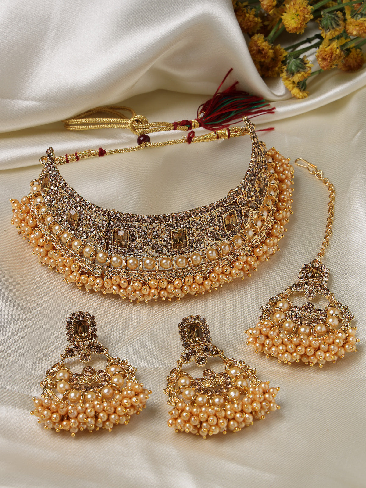 Sukkhi Nice-Looking Gold Plated Gold Kundan & Beads Floral Choker Necklace Set With Earring And Maangtika | Jewellery Set For Women (NS105483)