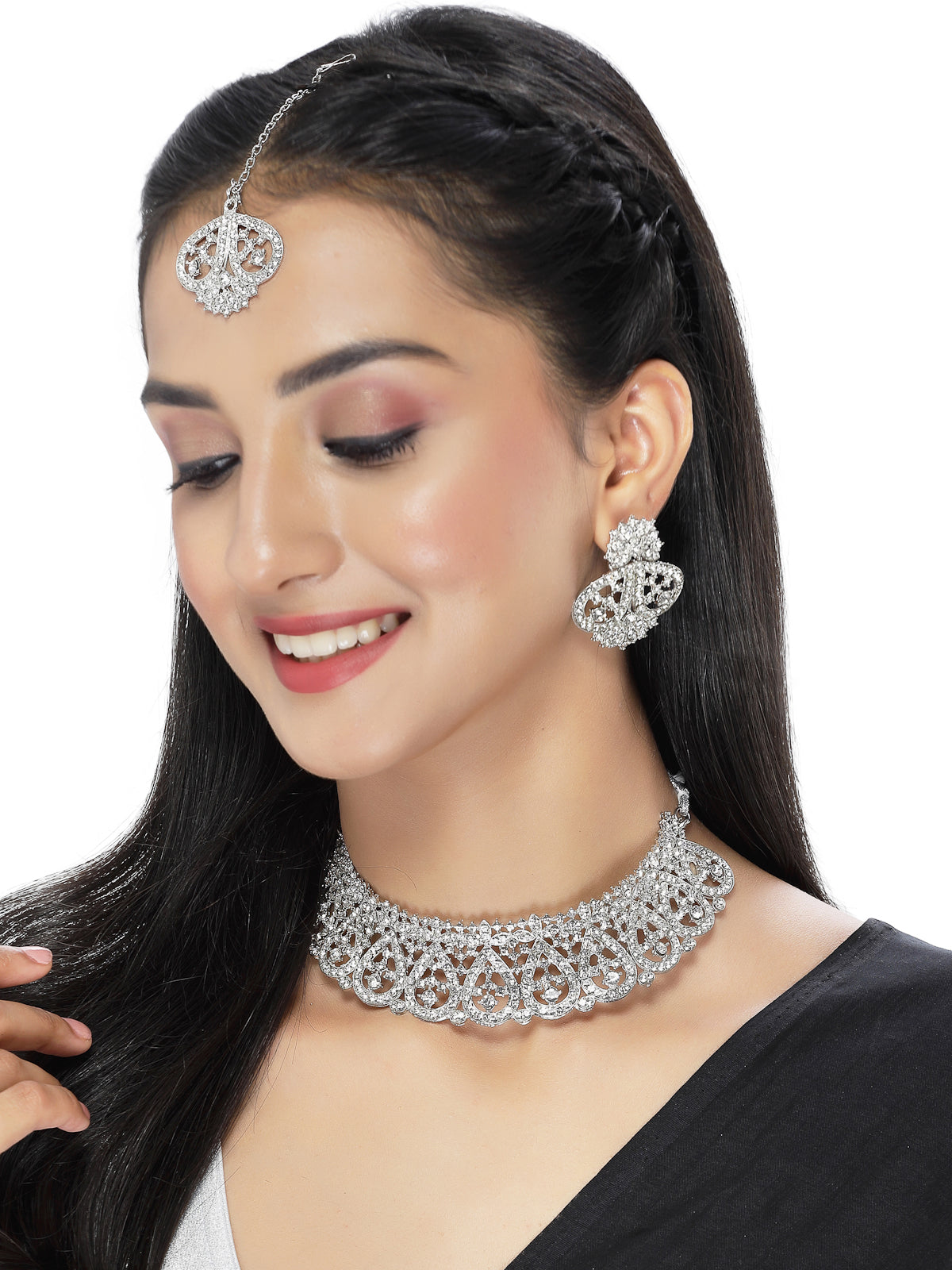 Sukkhi Universal Rhodium Plated Silver AD Stone Choker Necklace Set With Earring And Maangtika | Jewellery Set For Women (NS105484)