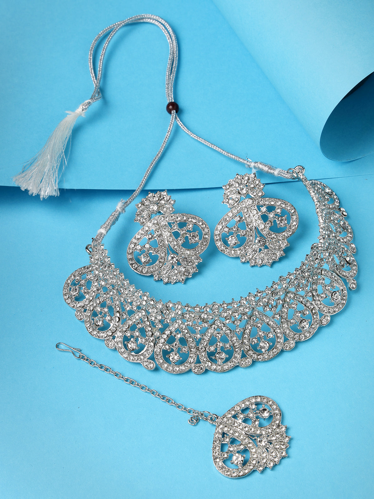 Sukkhi Universal Rhodium Plated Silver AD Stone Choker Necklace Set With Earring And Maangtika | Jewellery Set For Women (NS105484)