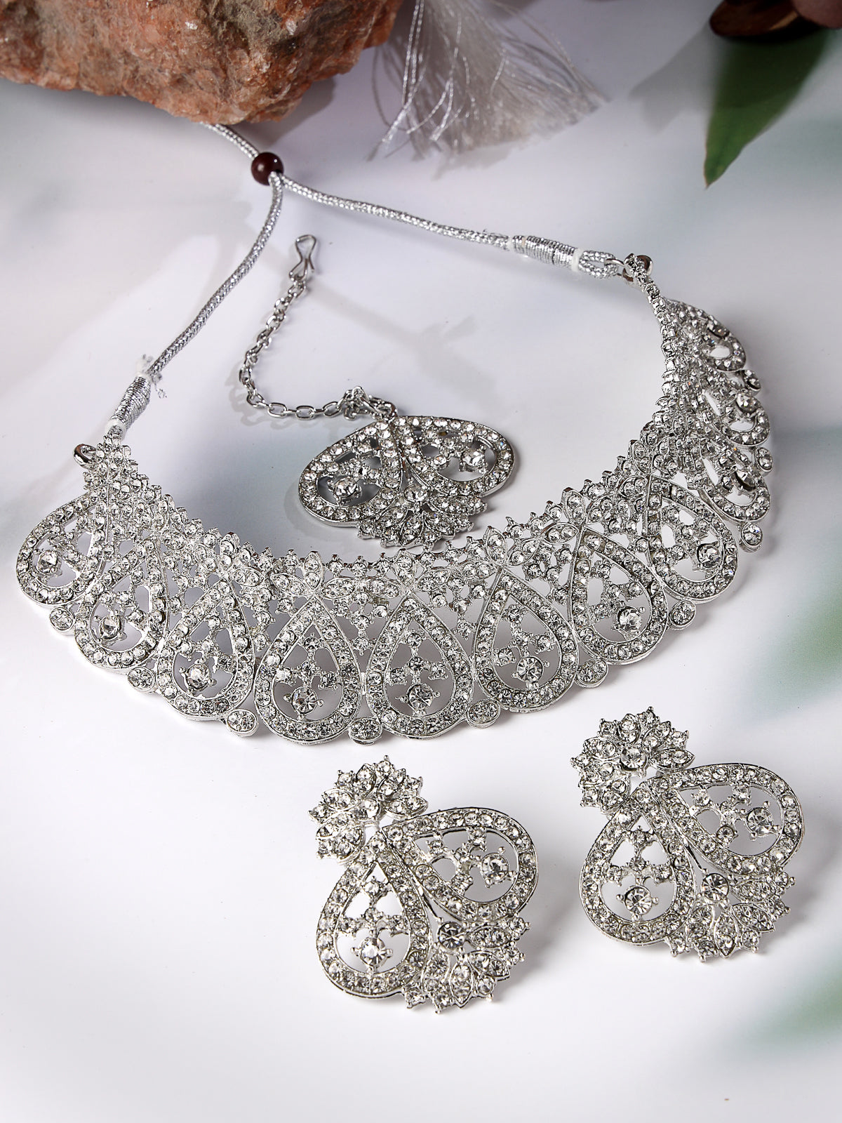 Sukkhi Universal Rhodium Plated Silver AD Stone Choker Necklace Set With Earring And Maangtika | Jewellery Set For Women (NS105484)