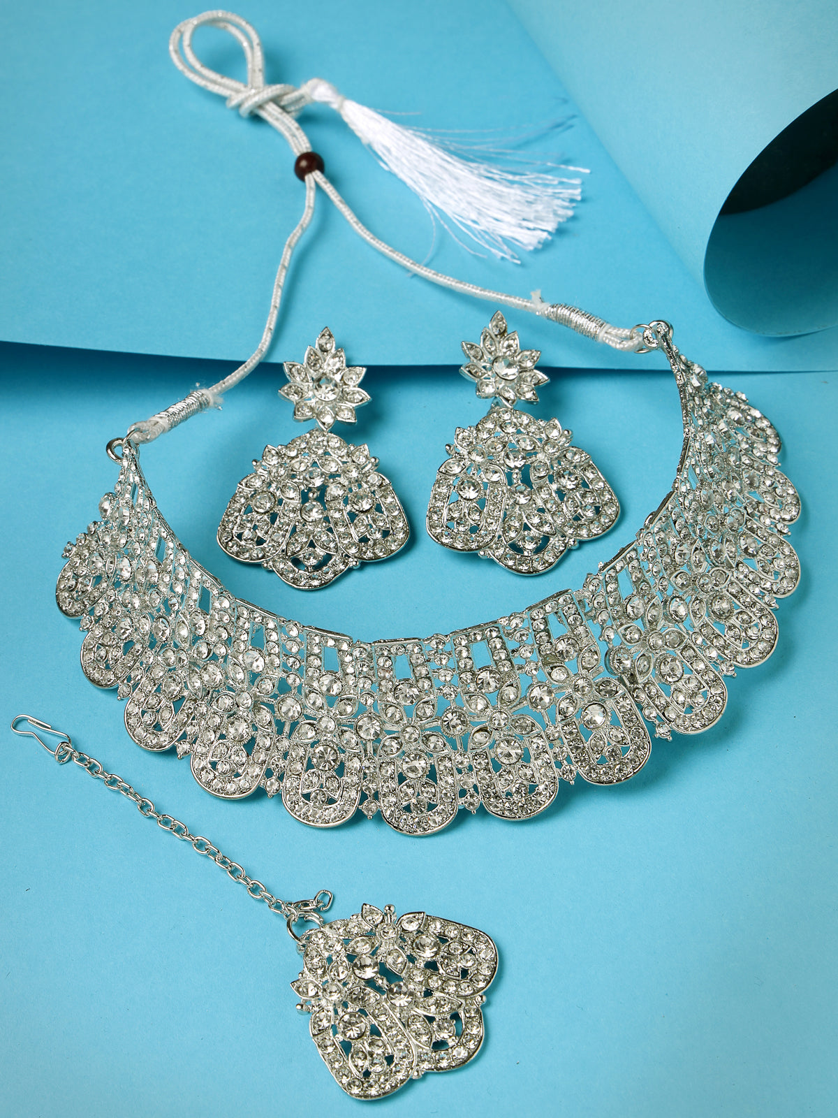 Sukkhi Universal Rhodium Plated Silver AD Stones Choker Necklace Set With Earring And Maangtika | Jewellery Set For Women (NS105485)