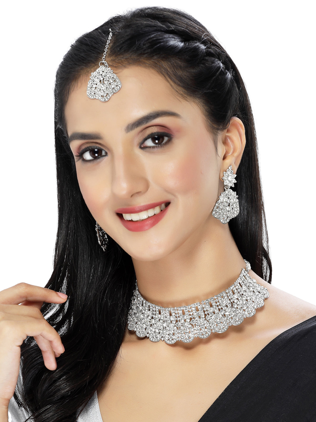Sukkhi Universal Rhodium Plated Silver AD Stones Choker Necklace Set With Earring And Maangtika | Jewellery Set For Women (NS105485)
