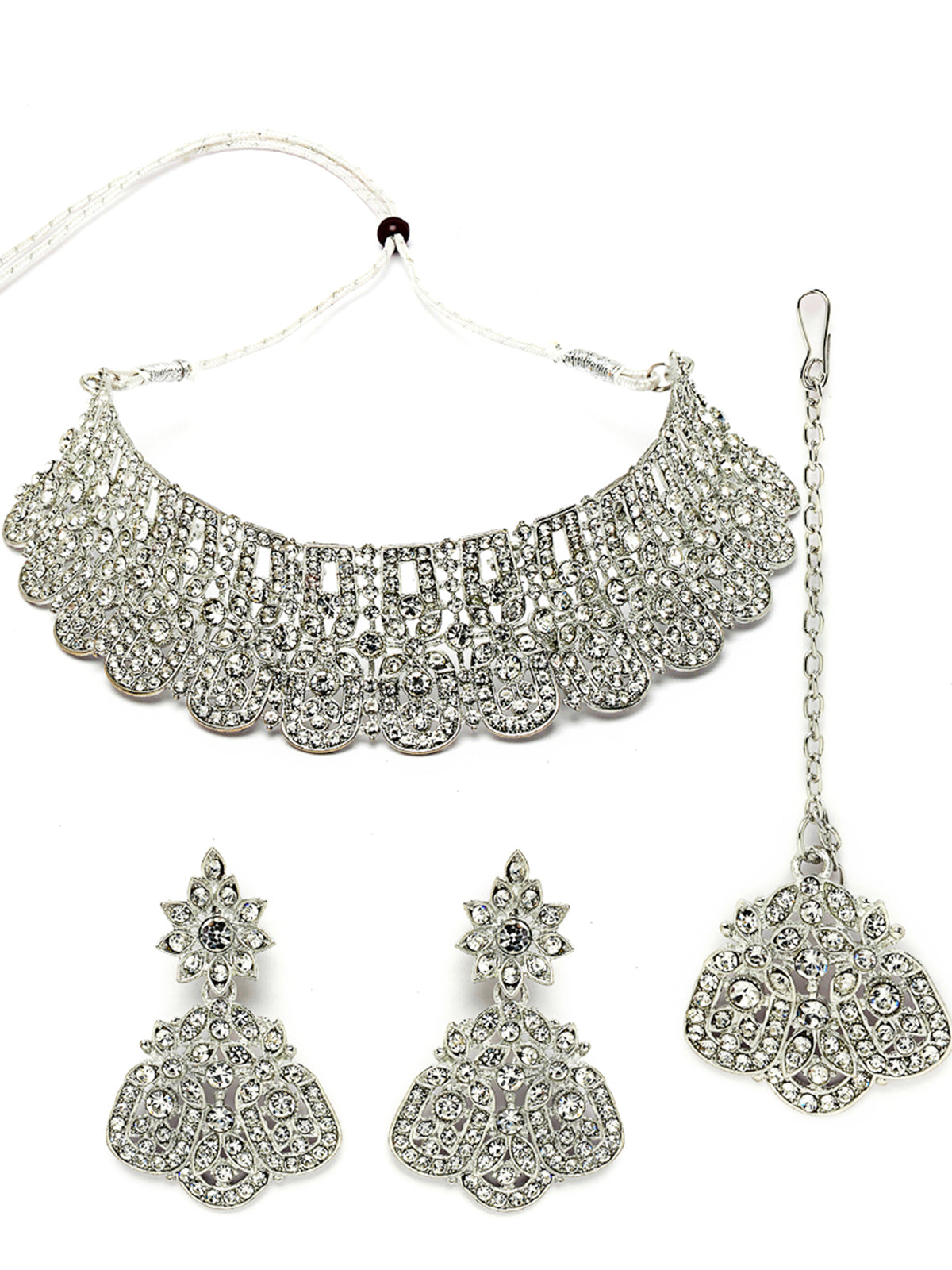 Sukkhi Universal Rhodium Plated Silver AD Stones Choker Necklace Set With Earring And Maangtika | Jewellery Set For Women (NS105485)
