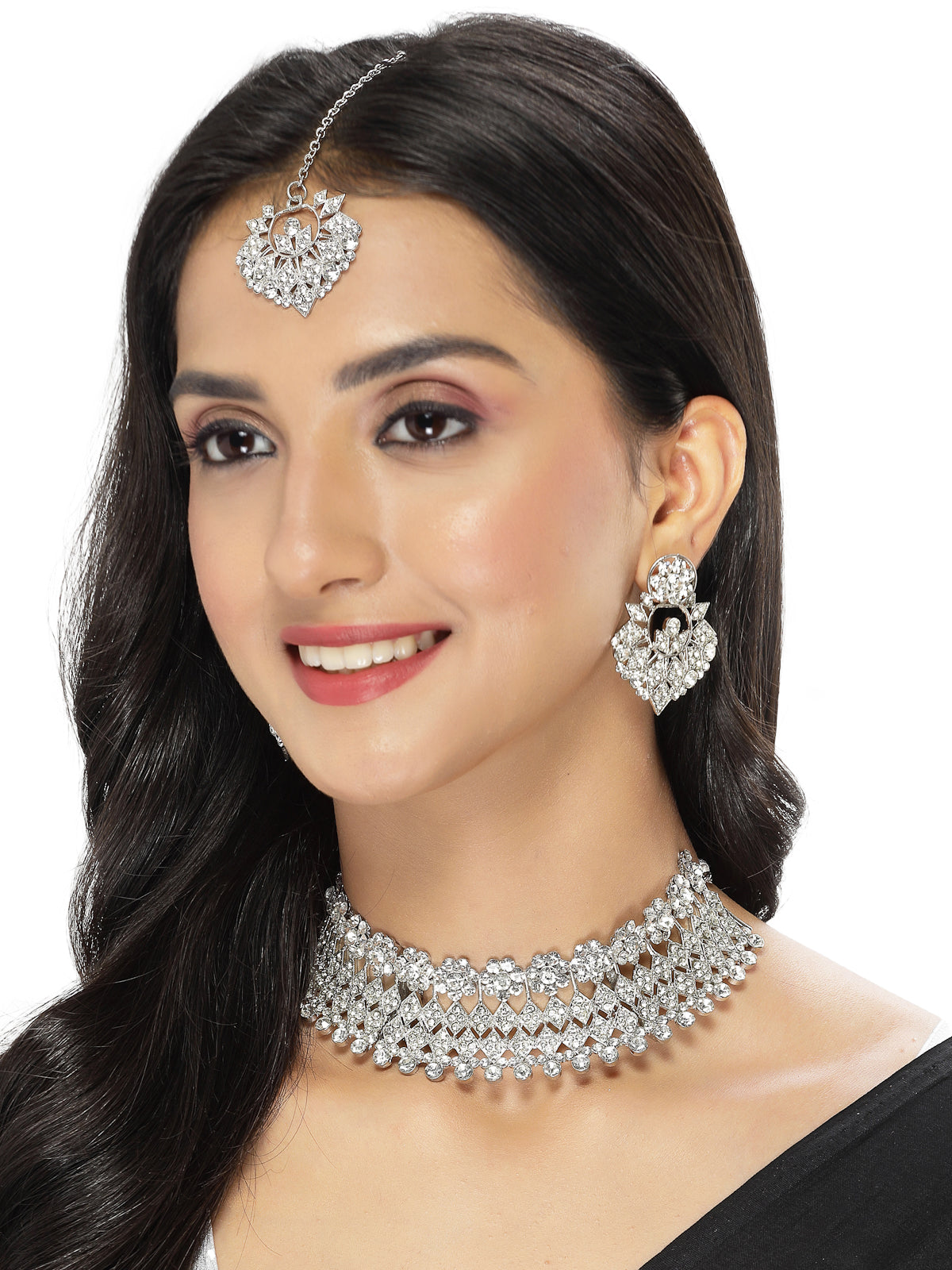 Sukkhi Universal Rhodium Plated Silver AD Stone Choker Necklace Set With Earring And Maangtika | Jewellery Set For Women (NS105486)