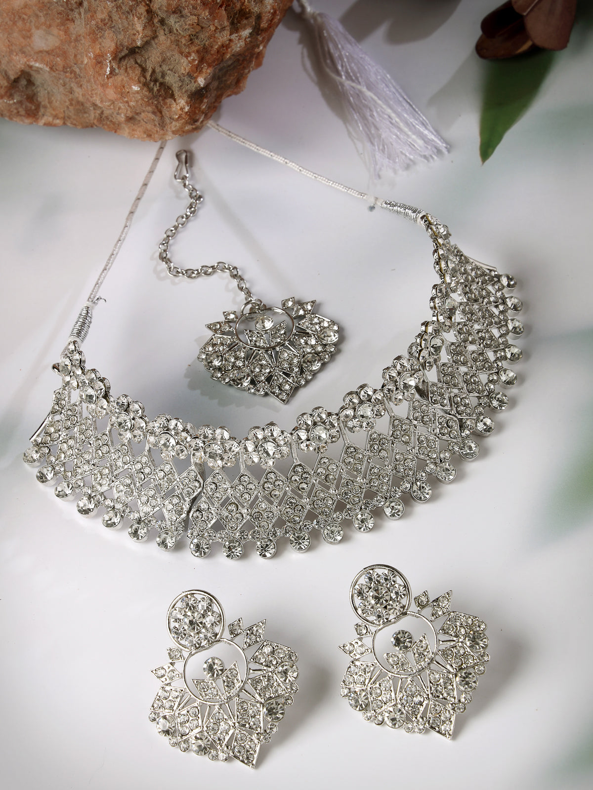 Sukkhi Universal Rhodium Plated Silver AD Stone Choker Necklace Set With Earring And Maangtika | Jewellery Set For Women (NS105486)