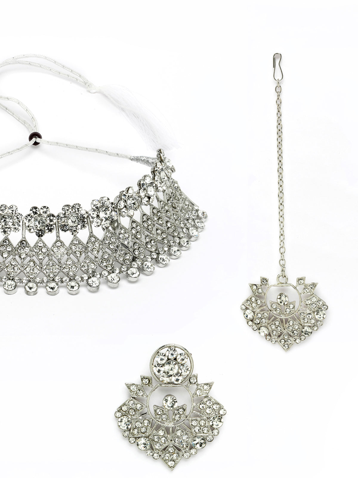 Sukkhi Universal Rhodium Plated Silver AD Stone Choker Necklace Set With Earring And Maangtika | Jewellery Set For Women (NS105486)