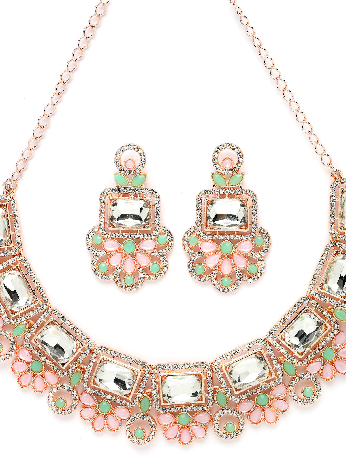 Sukkhi Good-Looking Rose Gold Plated Pink & Mint Green AD Stone Collar Bone Necklace Set With Earring And Maangtika | Jewellery Set For Women (NS105487)