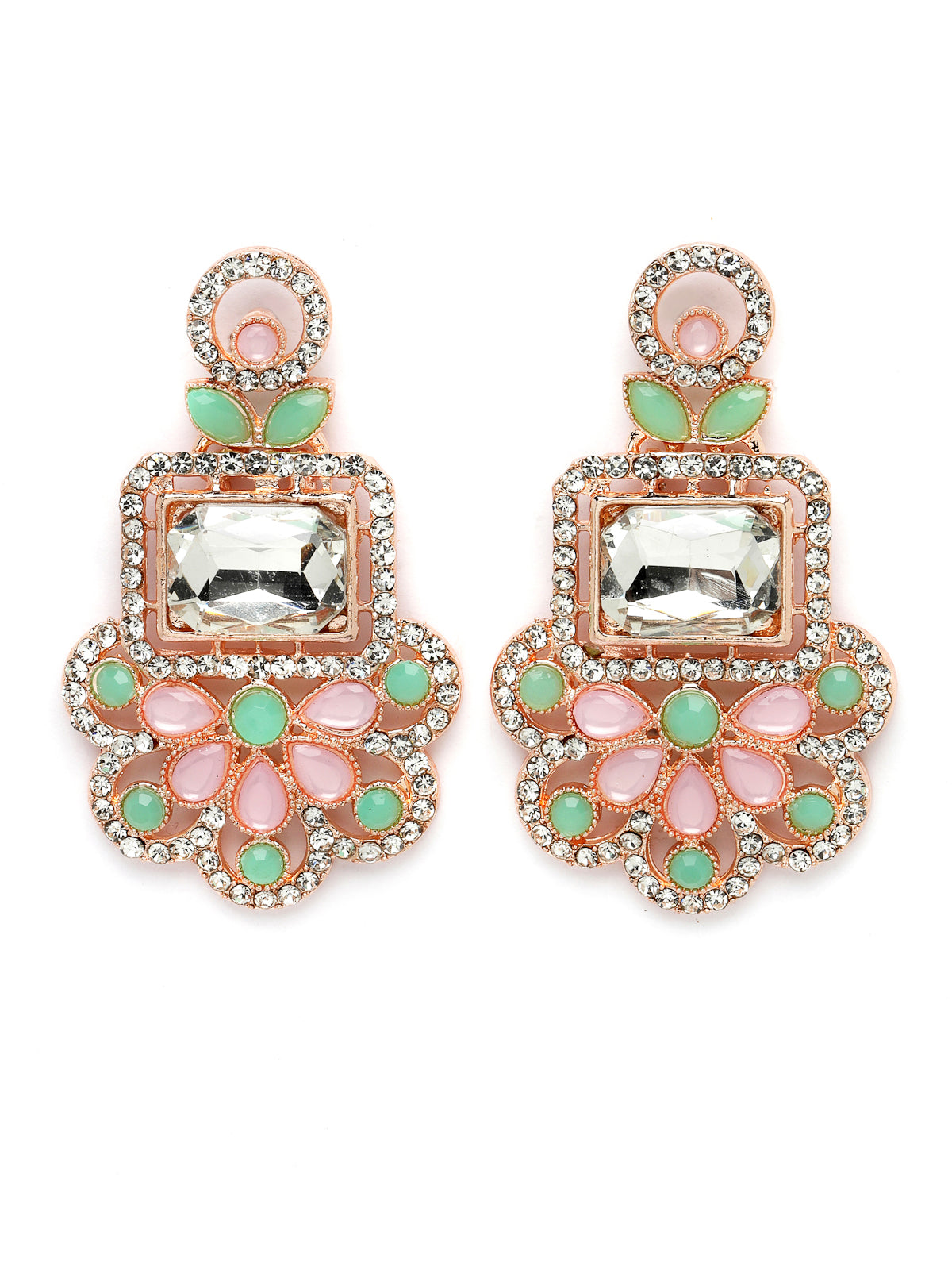 Sukkhi Good-Looking Rose Gold Plated Pink & Mint Green AD Stone Collar Bone Necklace Set With Earring And Maangtika | Jewellery Set For Women (NS105487)