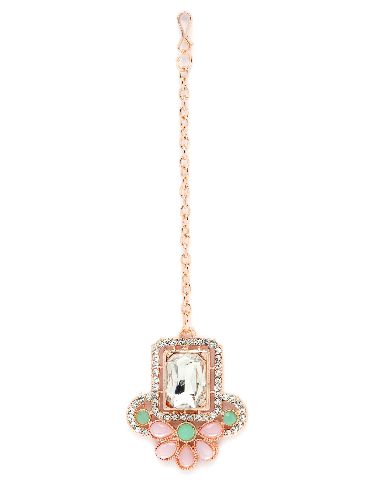 Sukkhi Good-Looking Rose Gold Plated Pink & Mint Green AD Stone Collar Bone Necklace Set With Earring And Maangtika | Jewellery Set For Women (NS105487)