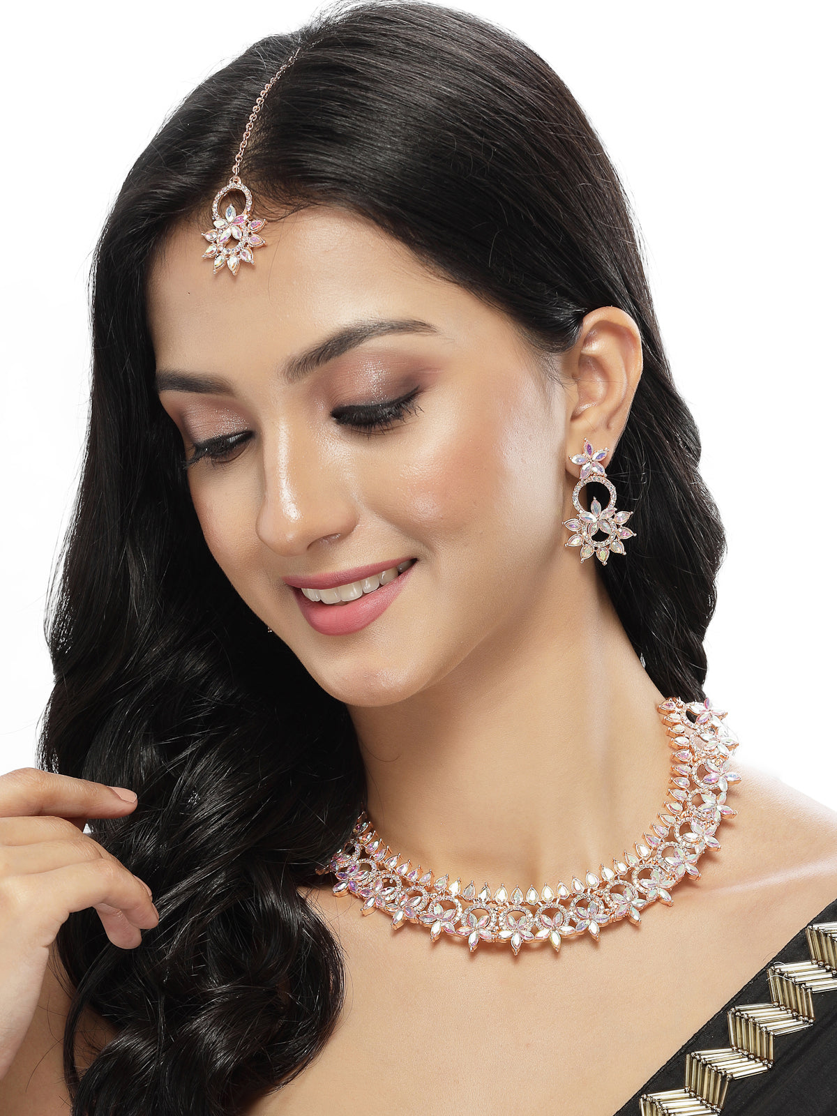 Sukkhi Detailed Rose Gold Plated Stone Floral Collar Bone Necklace Set With Earring And Maangtika | Jewellery Set For Women (NS105490)
