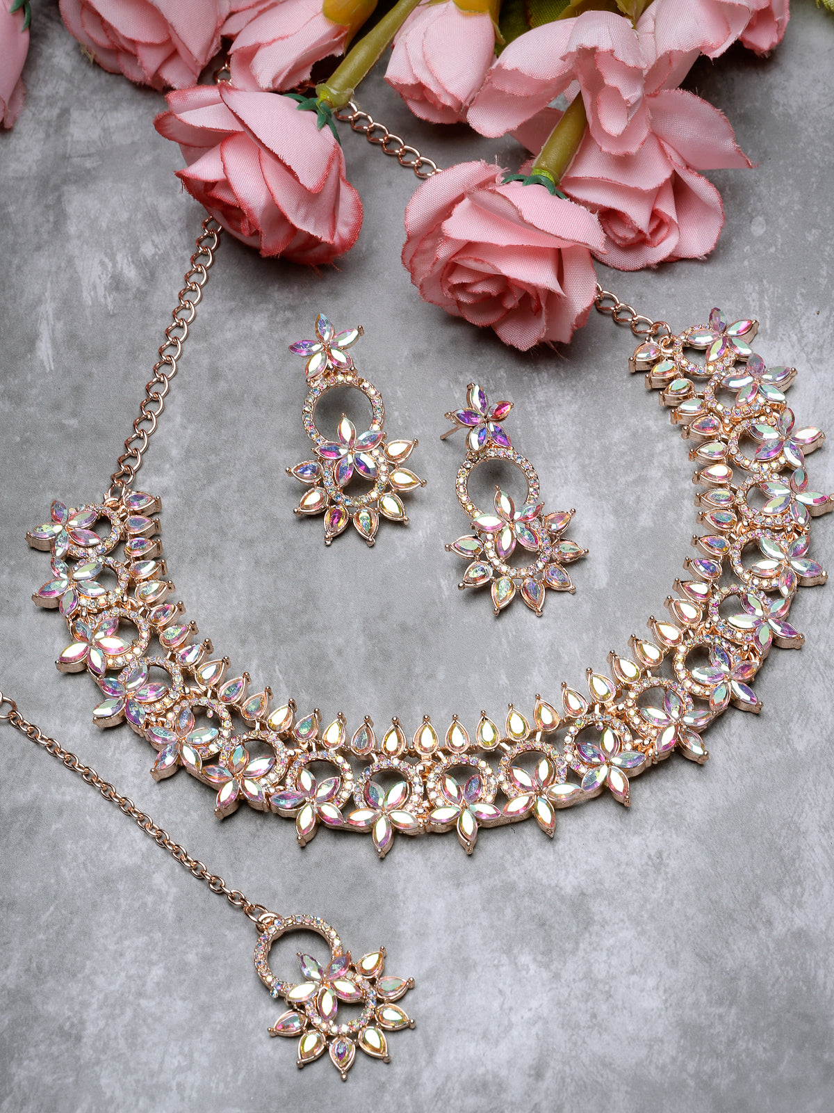 Sukkhi Detailed Rose Gold Plated Stone Floral Collar Bone Necklace Set With Earring And Maangtika | Jewellery Set For Women (NS105490)