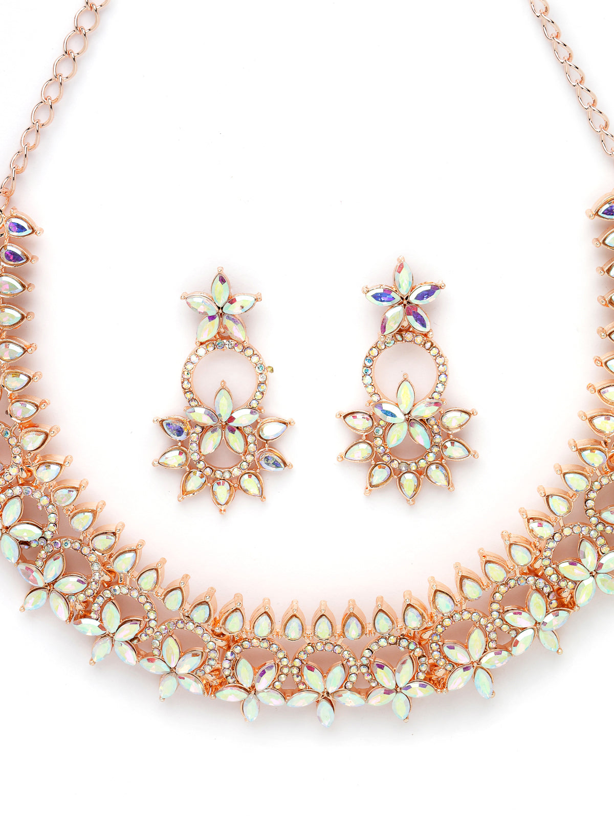 Sukkhi Detailed Rose Gold Plated Stone Floral Collar Bone Necklace Set With Earring And Maangtika | Jewellery Set For Women (NS105490)