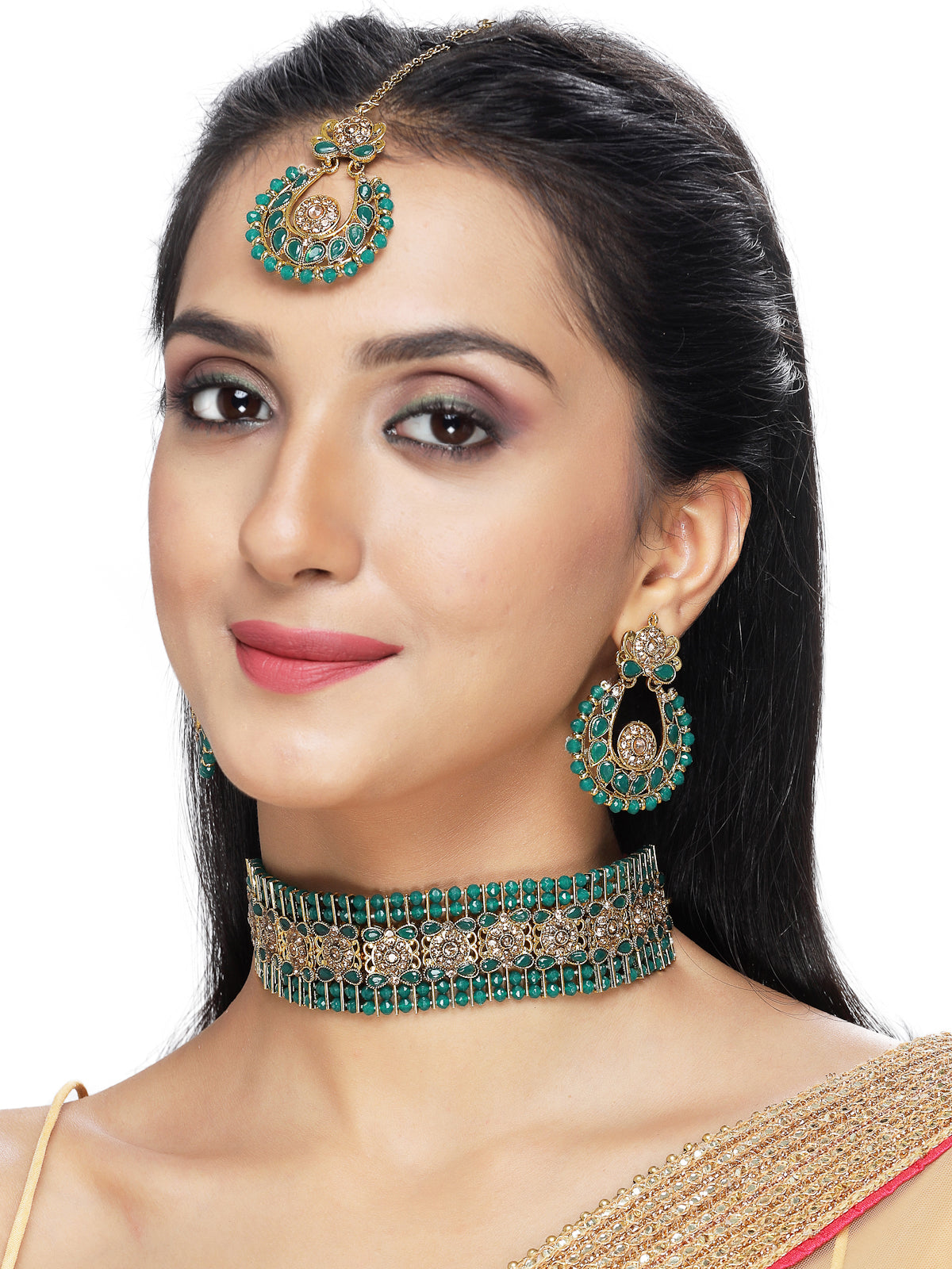 Sukkhi Indian Ethnic Gold Plated Green Kundan & Beads Choker Necklace Set With Earring And Maangtika | Jewellery Set For Women (NS105492)