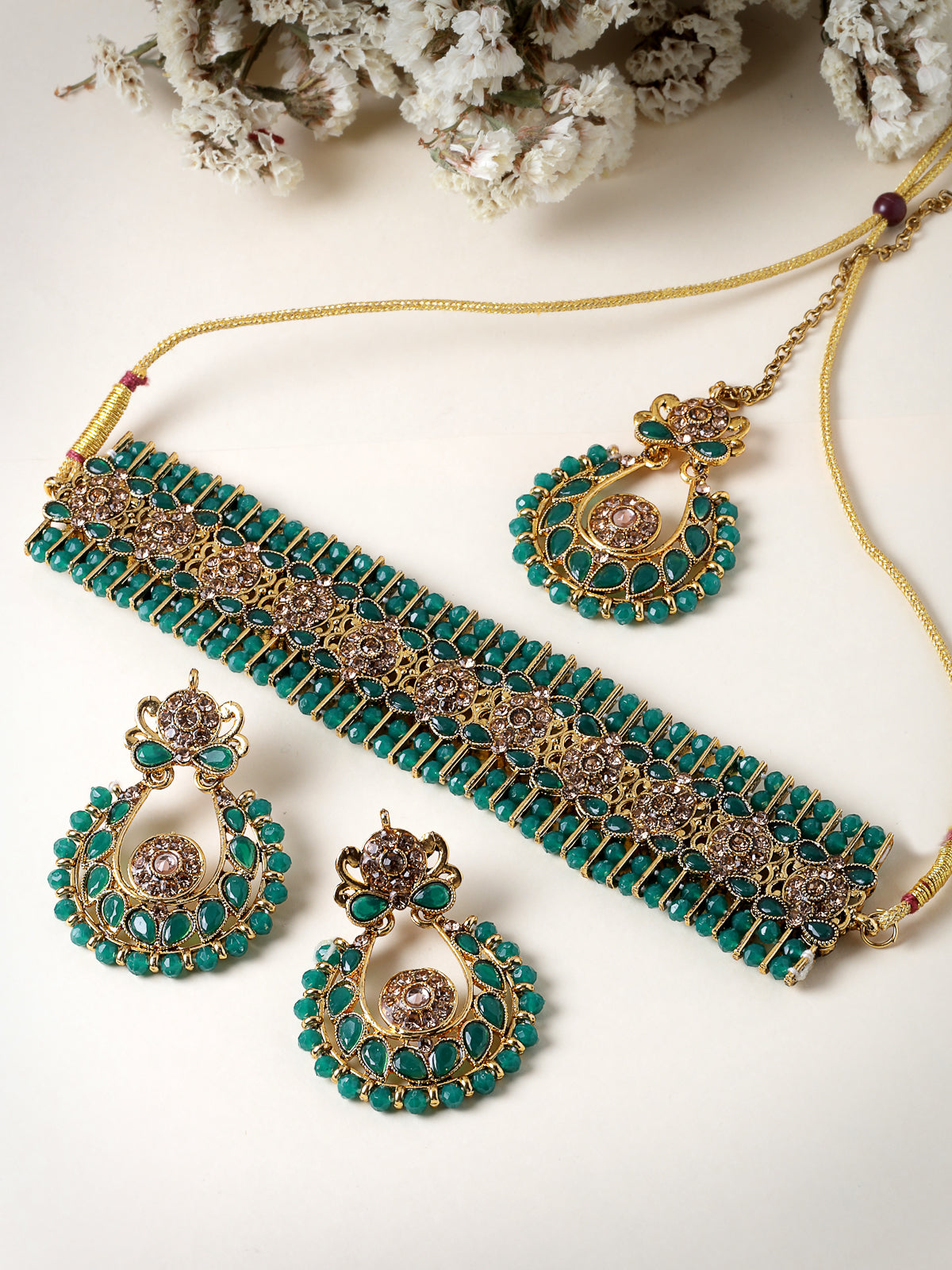Sukkhi Indian Ethnic Gold Plated Green Kundan & Beads Choker Necklace Set With Earring And Maangtika | Jewellery Set For Women (NS105492)