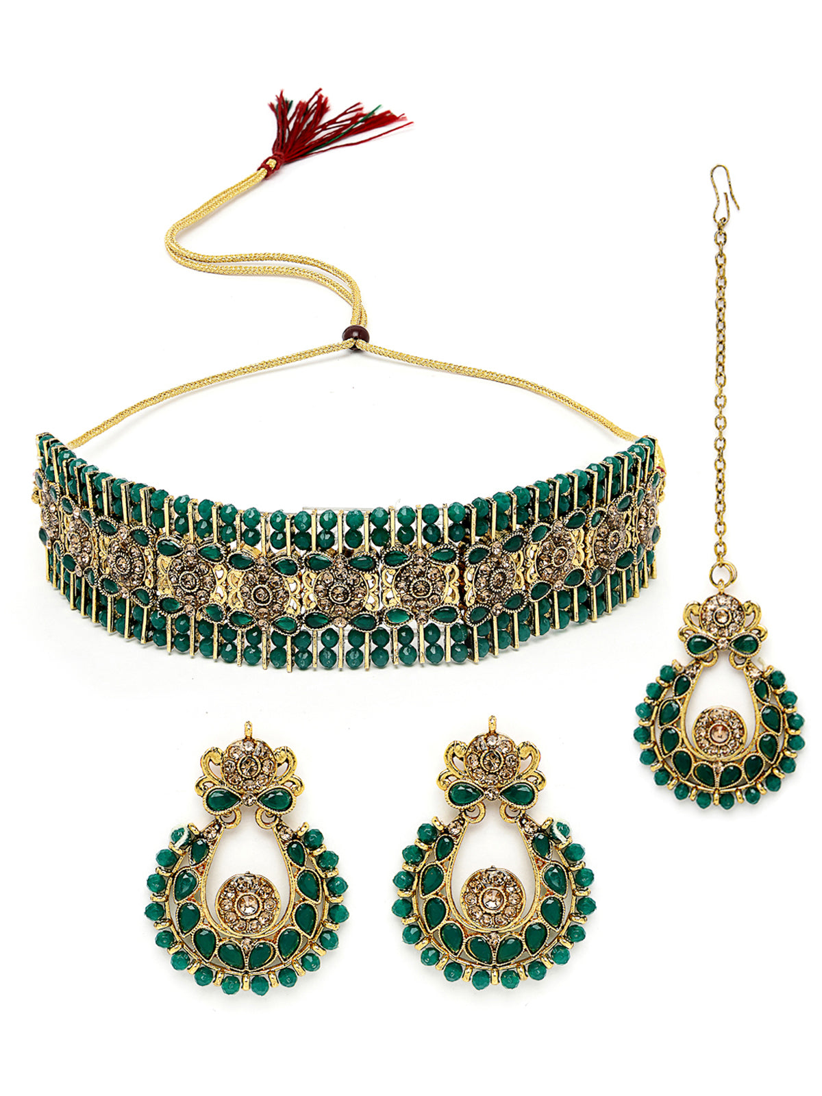 Sukkhi Indian Ethnic Gold Plated Green Kundan & Beads Choker Necklace Set With Earring And Maangtika | Jewellery Set For Women (NS105492)