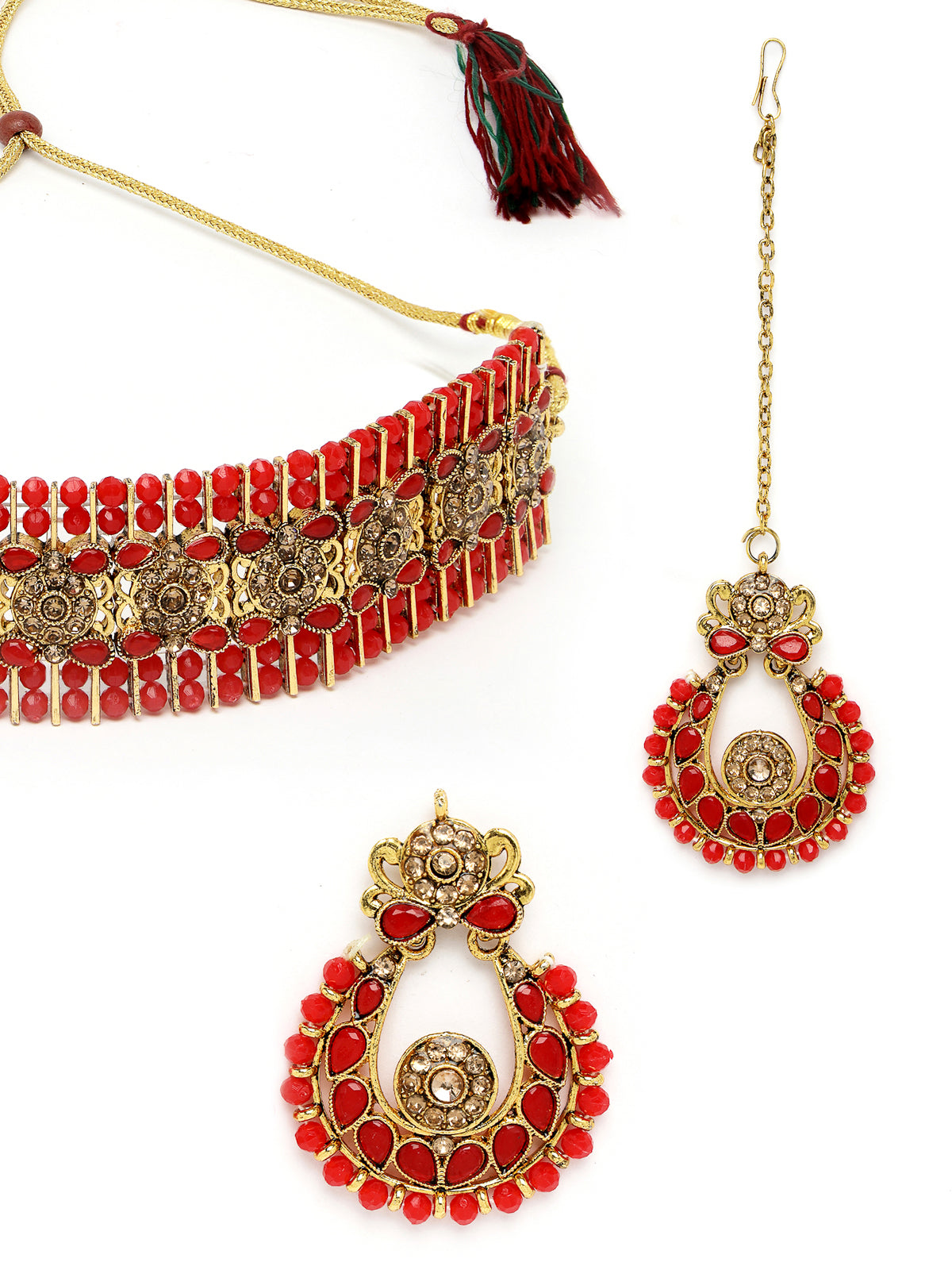 Sukkhi Indian Ethnic Gold Plated Red Kundan & Beads Choker Necklace Set With Earring And Maangtika | Jewellery Set For Women (NS105493)