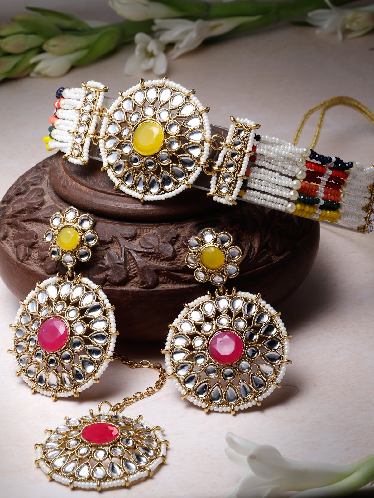 Sukkhi Decorative Round Shaped Multicolor Kundan & Beads Choker Necklace Set With Earring And Maangtika | Jewellery Set For Women (NS105499)