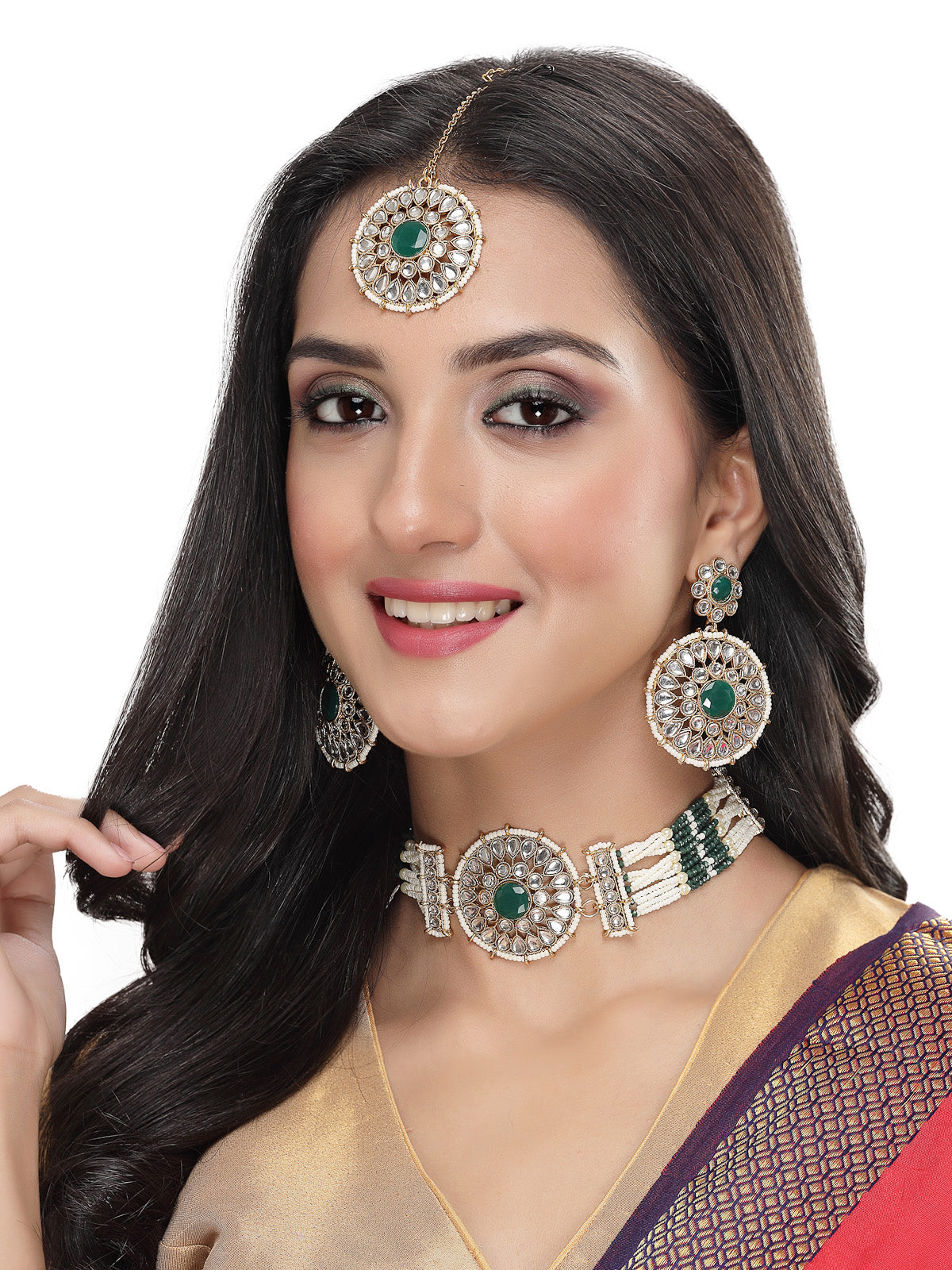 Sukkhi Decorative Round Shaped Green Kundan & Beads Choker Necklace Set With Earring And Maangtika | Jewellery Set For Women (NS105500)