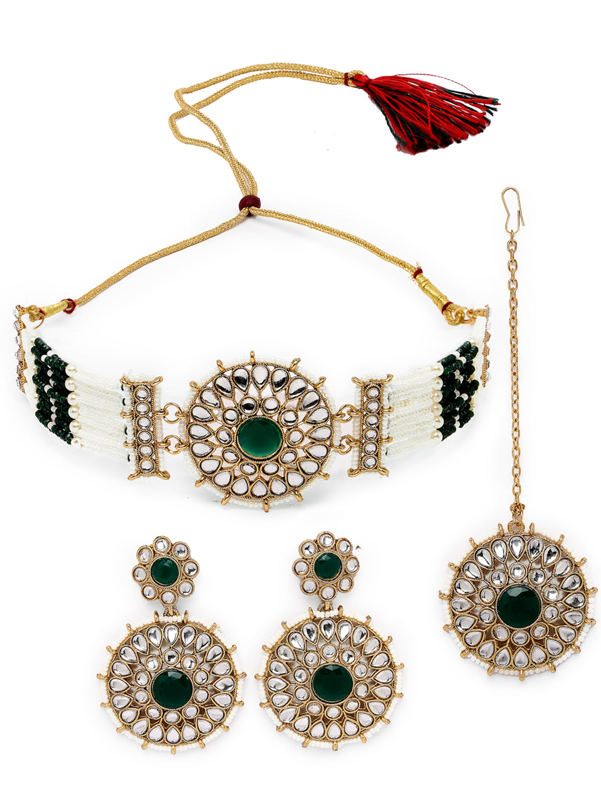 Sukkhi Decorative Round Shaped Green Kundan & Beads Choker Necklace Set With Earring And Maangtika | Jewellery Set For Women (NS105500)