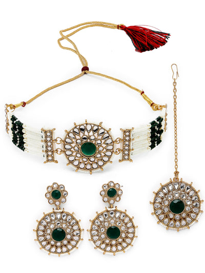 Sukkhi Decorative Round Shaped Green Kundan & Beads Choker Necklace Set With Earring And Maangtika | Jewellery Set For Women (NS105500)