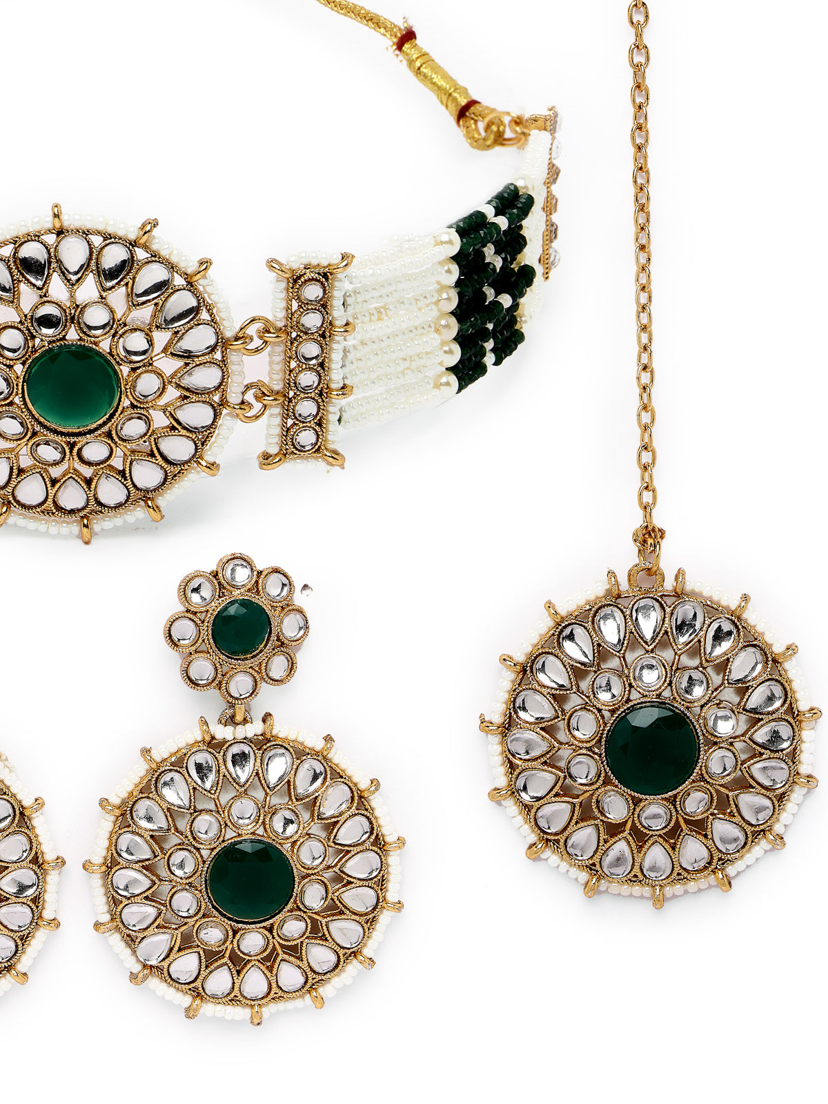 Sukkhi Decorative Round Shaped Green Kundan & Beads Choker Necklace Set With Earring And Maangtika | Jewellery Set For Women (NS105500)
